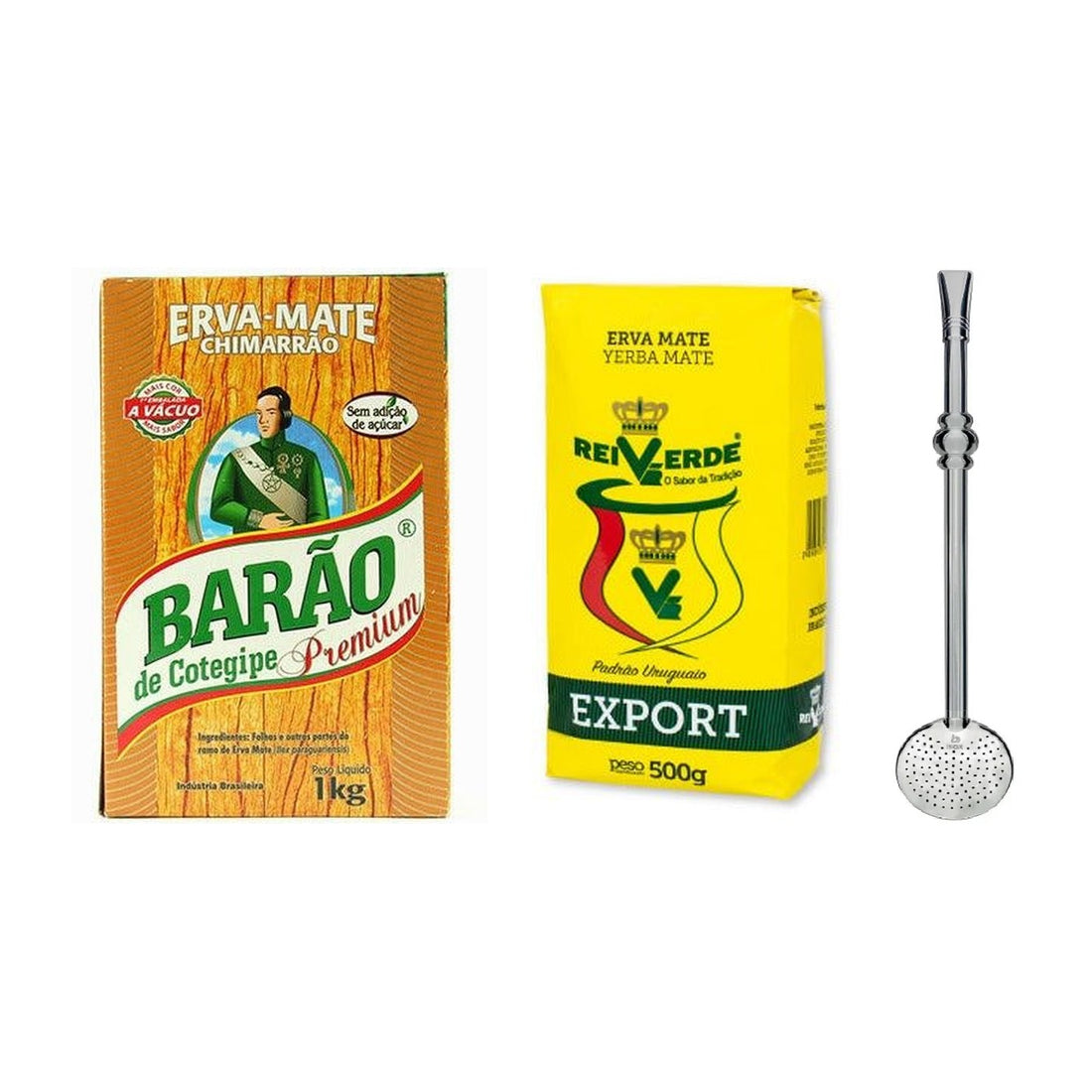 Pack Chimarrao : erva Barao Premium 1 kg, Rei Verde Export 500 g et bomba Bortonaggio bec plat 22 cm en inox a filtre rond