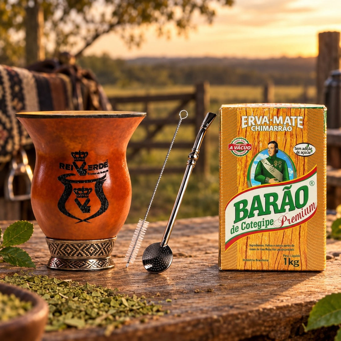 Pack Chimarrão Premium : les produits du pack mis en scène, yerba maté El Gaucho