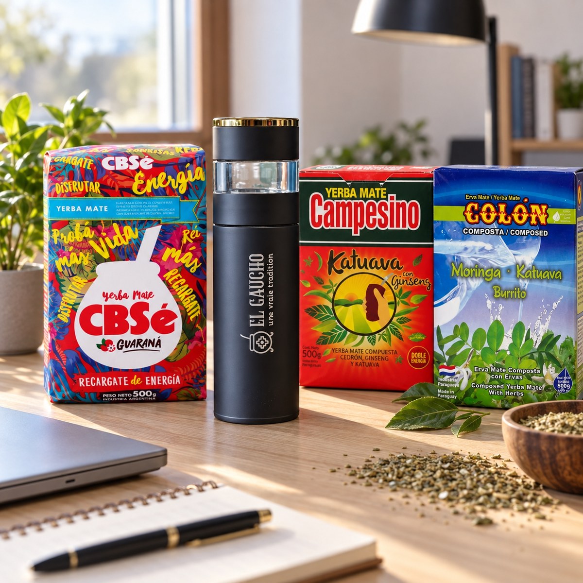 Pack Énergie Naturelle : bouteille infuseuse Gaucho Express avec CBSé Guaraná, Campesino Katuava-Ginseng et Colón Moringa-Katuava au bureau