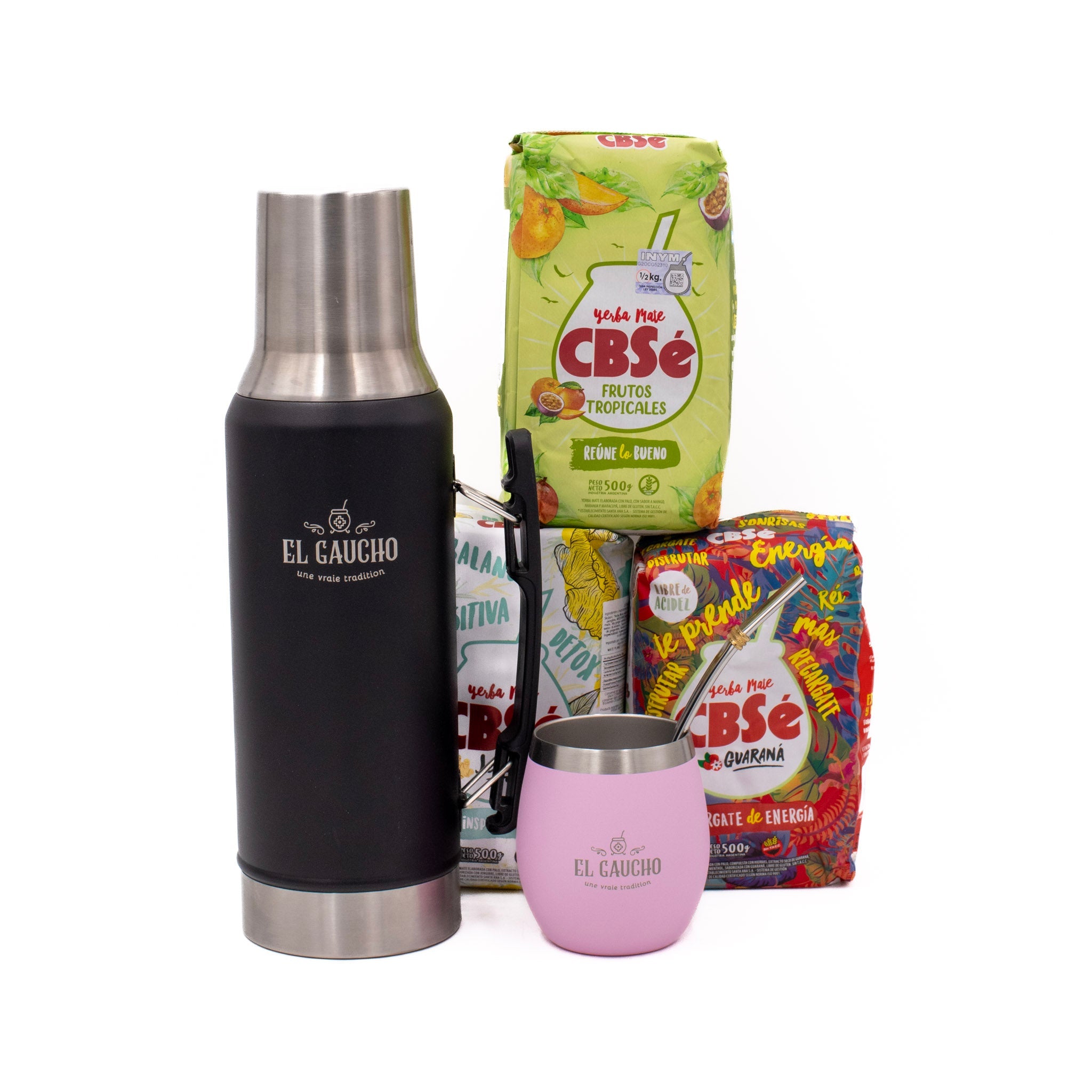 Pack Essentiel Maté – thermos noir + calebasse Elite rose pastel + 3 yerbas CBSe 500 g