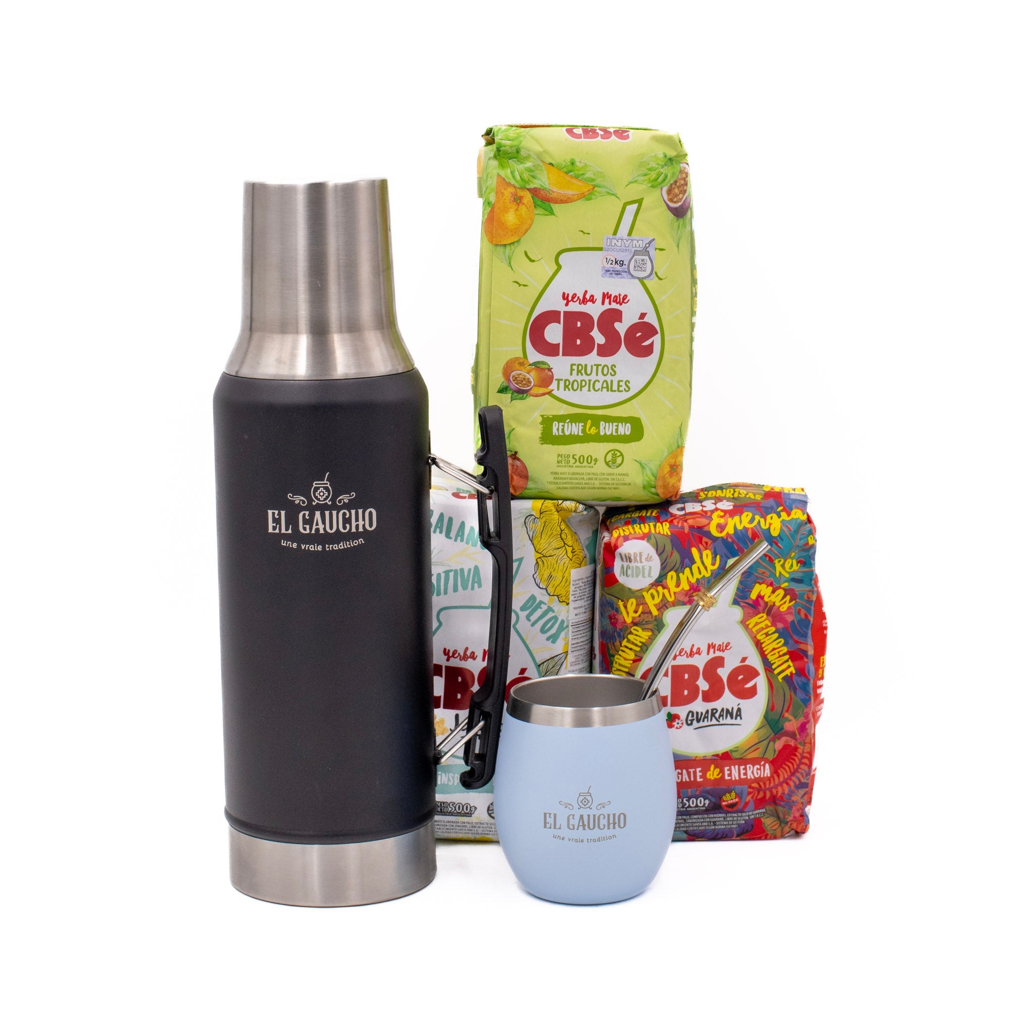 Pack Essentiel Maté – thermos noir + calebasse elite bleu ciel + 3 yerbas CBSe 500 g