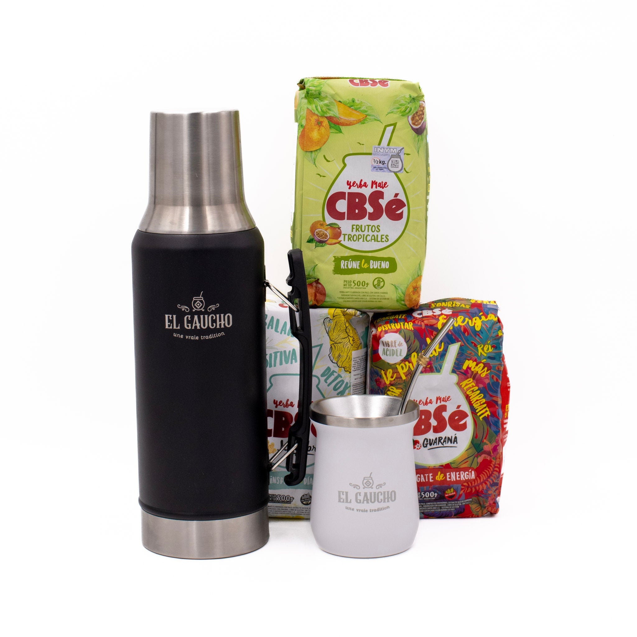 Pack Essentiel Maté – thermos noir + calebasse Inox blanche + 3 yerbas CBSe 500 g