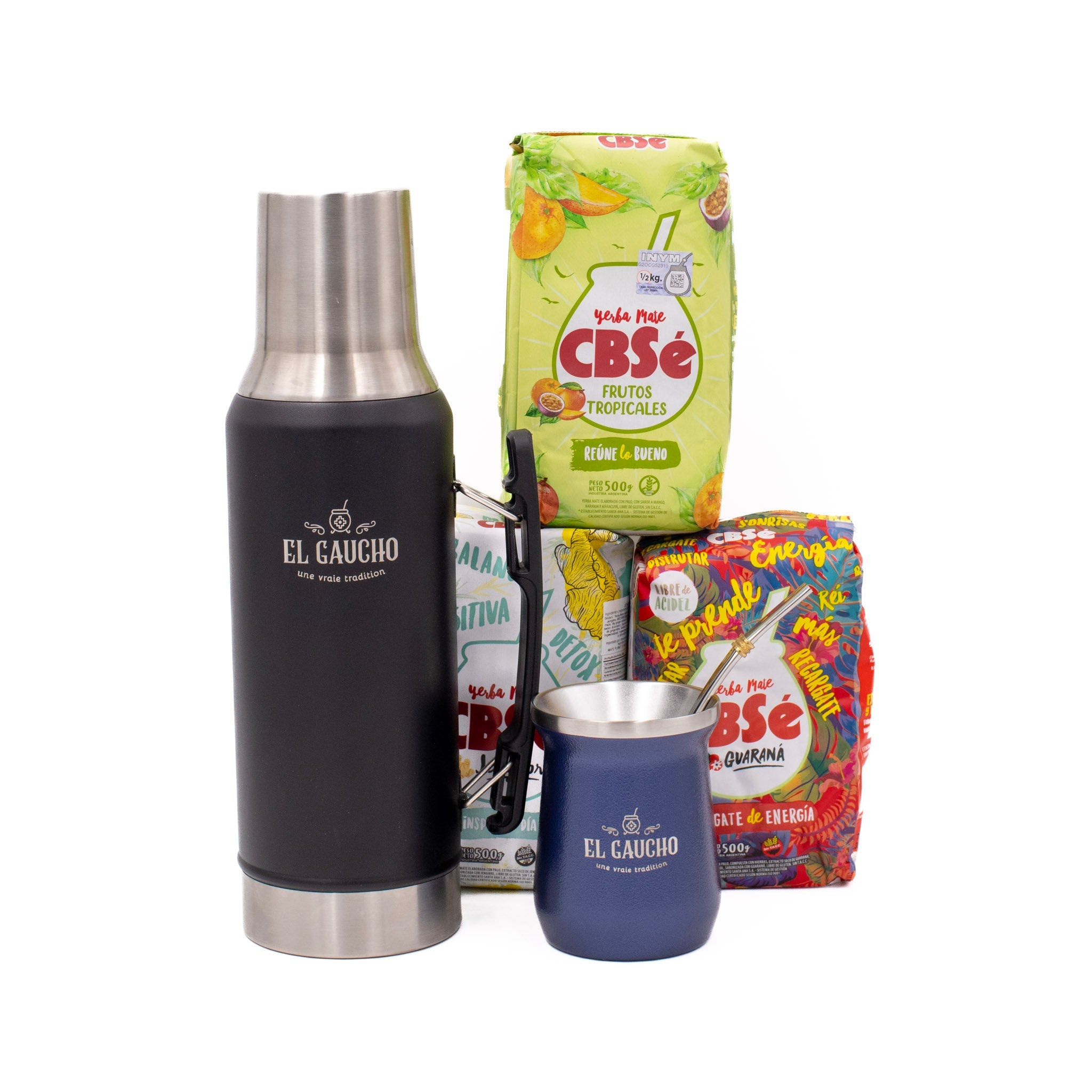 Pack Essentiel Maté – thermos noir + calebasse Inox bleu + 3 yerbas CBSe 500 g