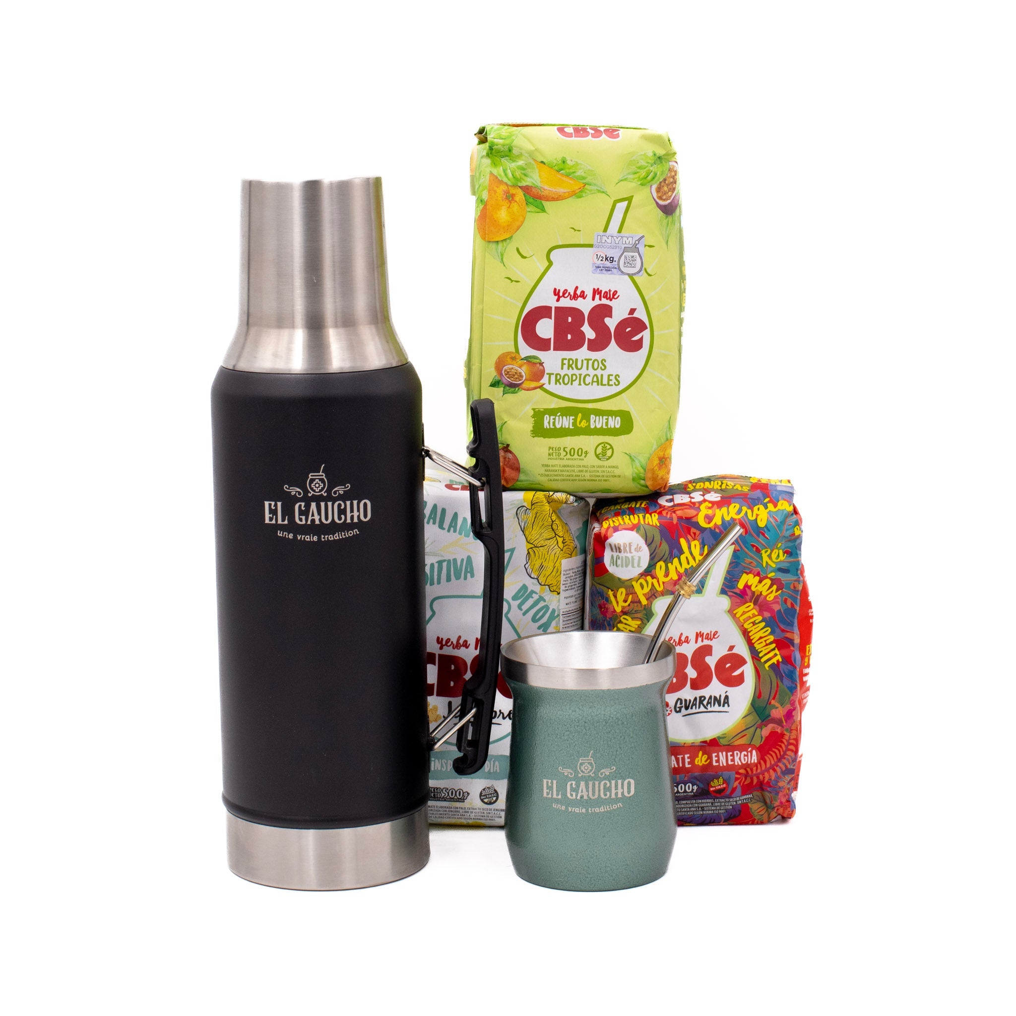Pack Essentiel Maté – thermos noir + calebasse Inox vert  + 3 yerbas CBSe 500 g