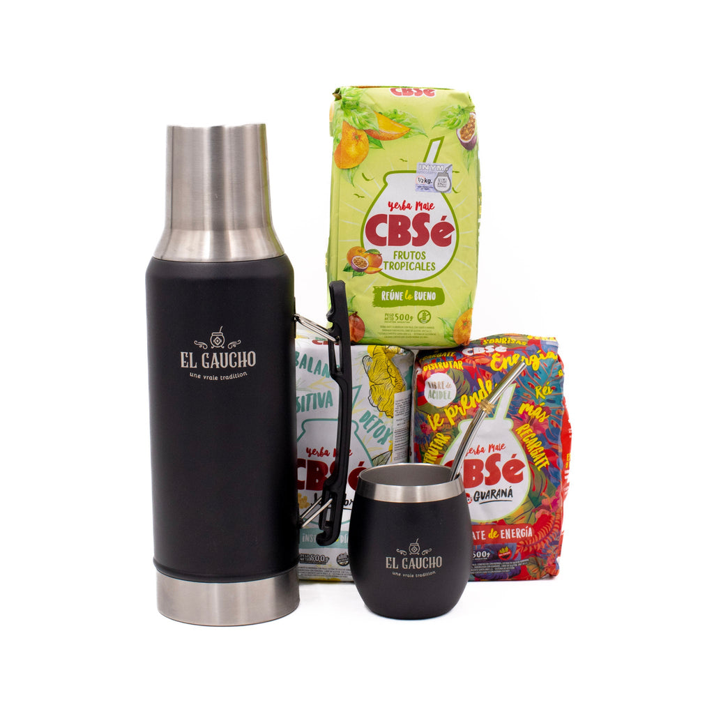 Pack Essentiel Maté – thermos noir + calebasse Elite noire + 3 yerbas CBSe 500 g