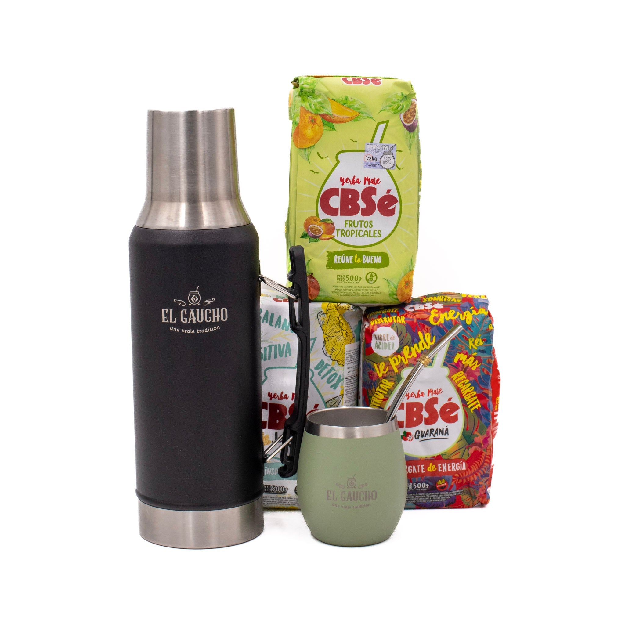 Pack Essentiel Maté – thermos noir + calebasse elite vert olive + 3 yerbas CBSe 500 g