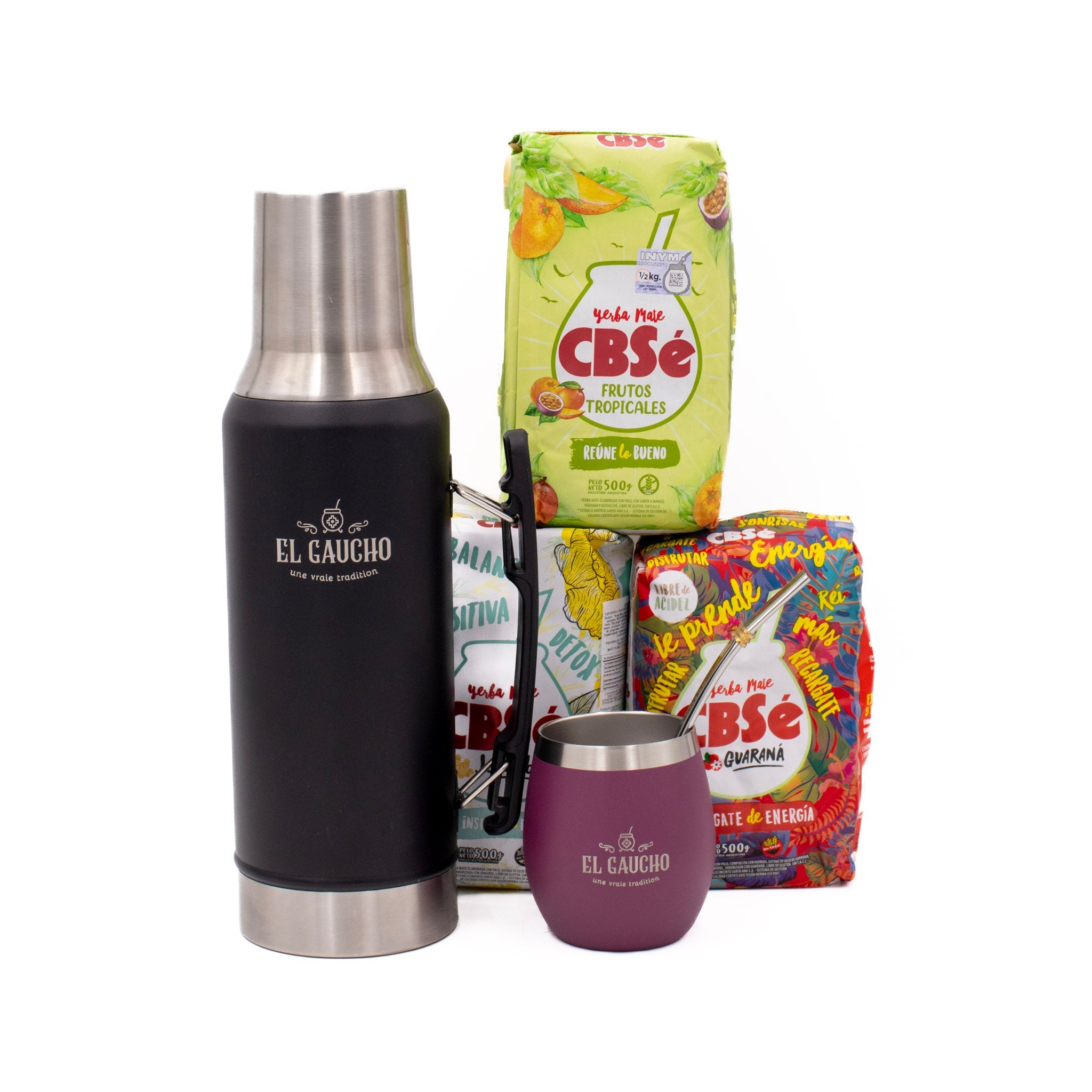 Pack Essentiel Maté – thermos noir + calebasse Elite aubergine  + 3 yerbas CBSe 500 g