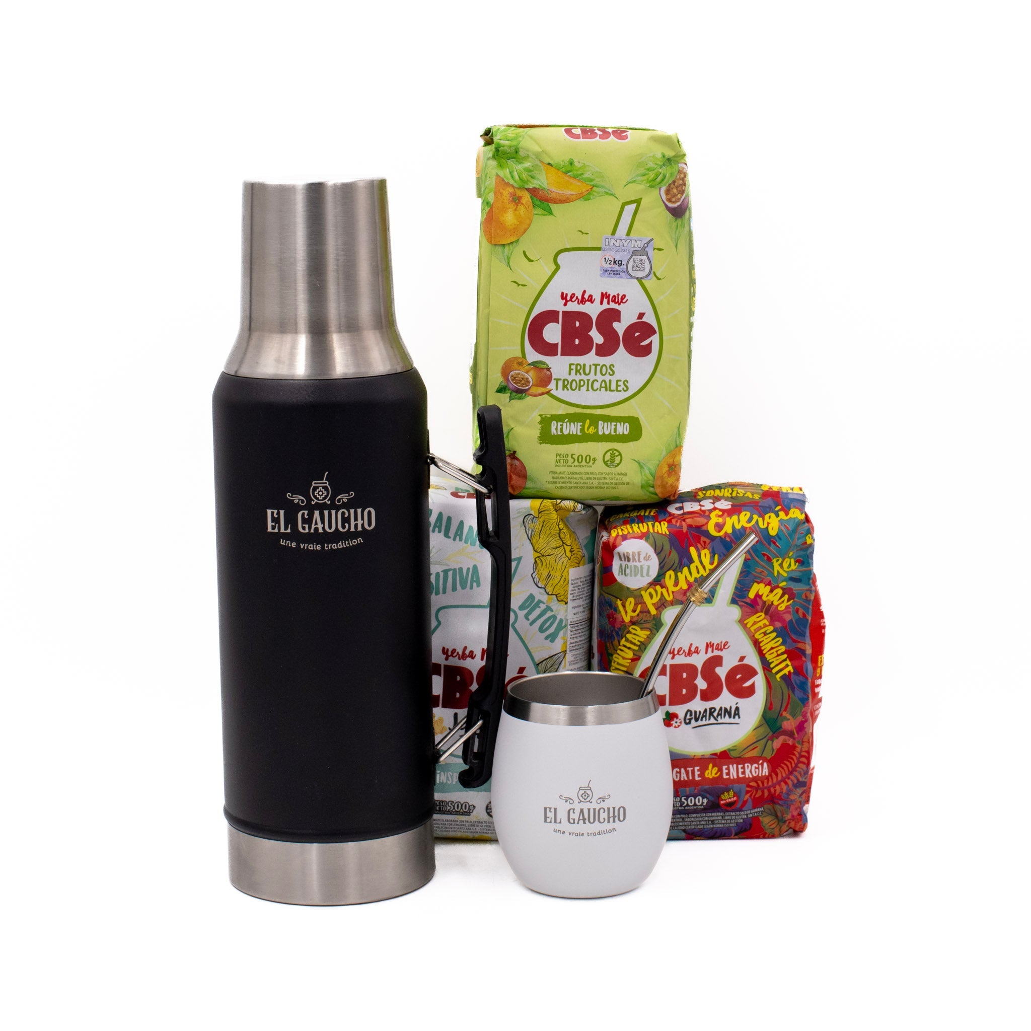 Pack Essentiel Maté – thermos noir + calebasse Elite blanche + 3 yerbas CBSe 500 g