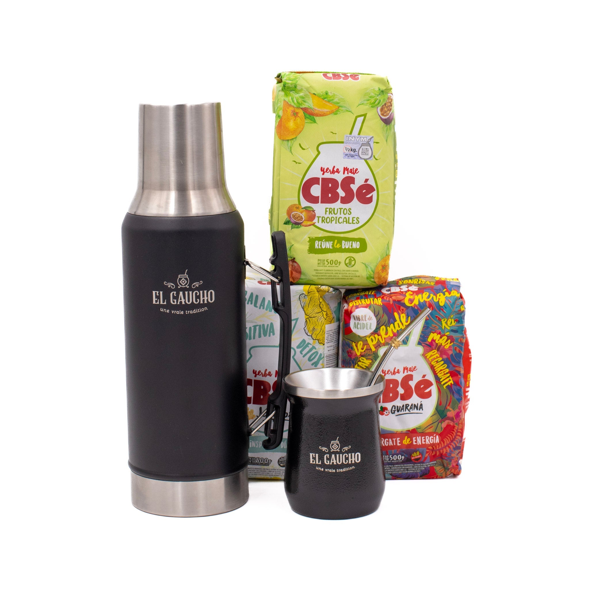 Pack Essentiel Maté – thermos noir + calebasse Inox noire + 3 yerbas CBSe 500 g