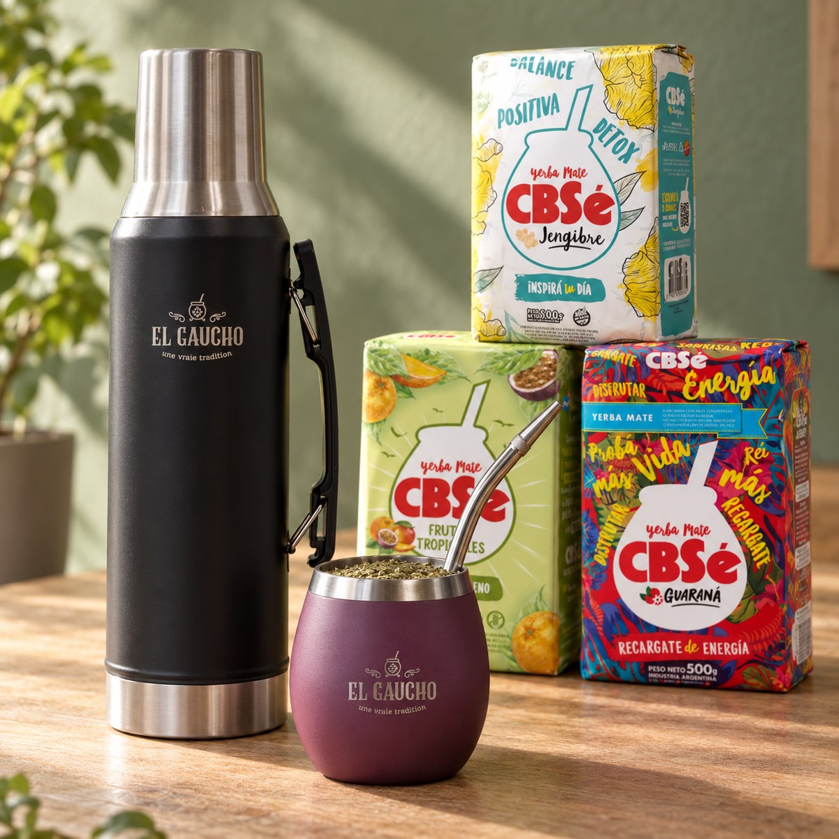 Pack Essentiel Maté : thermos noir et calebasse Gaucho Élite aubergine, 3 yerbas CBSé (Jengibre, Fruits Tropicaux, Energía Guaraná)