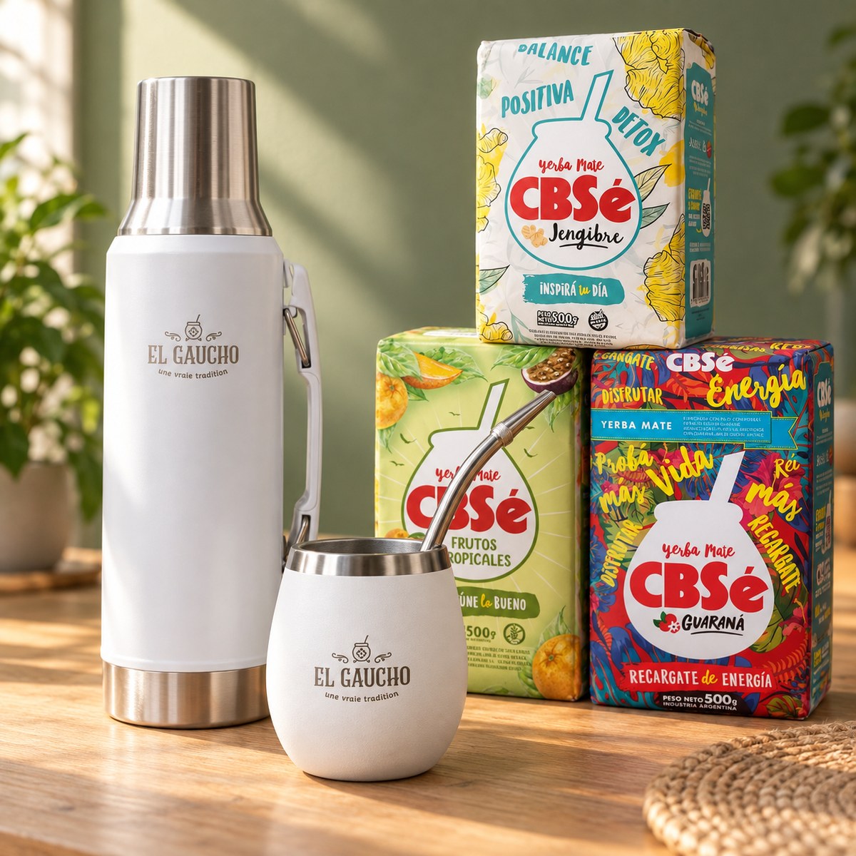 Pack Essentiel Maté : thermos blanc et calebasse Gaucho Élite blanche, 3 yerbas CBSé (Jengibre, Fruits Tropicaux, Energía Guaraná)