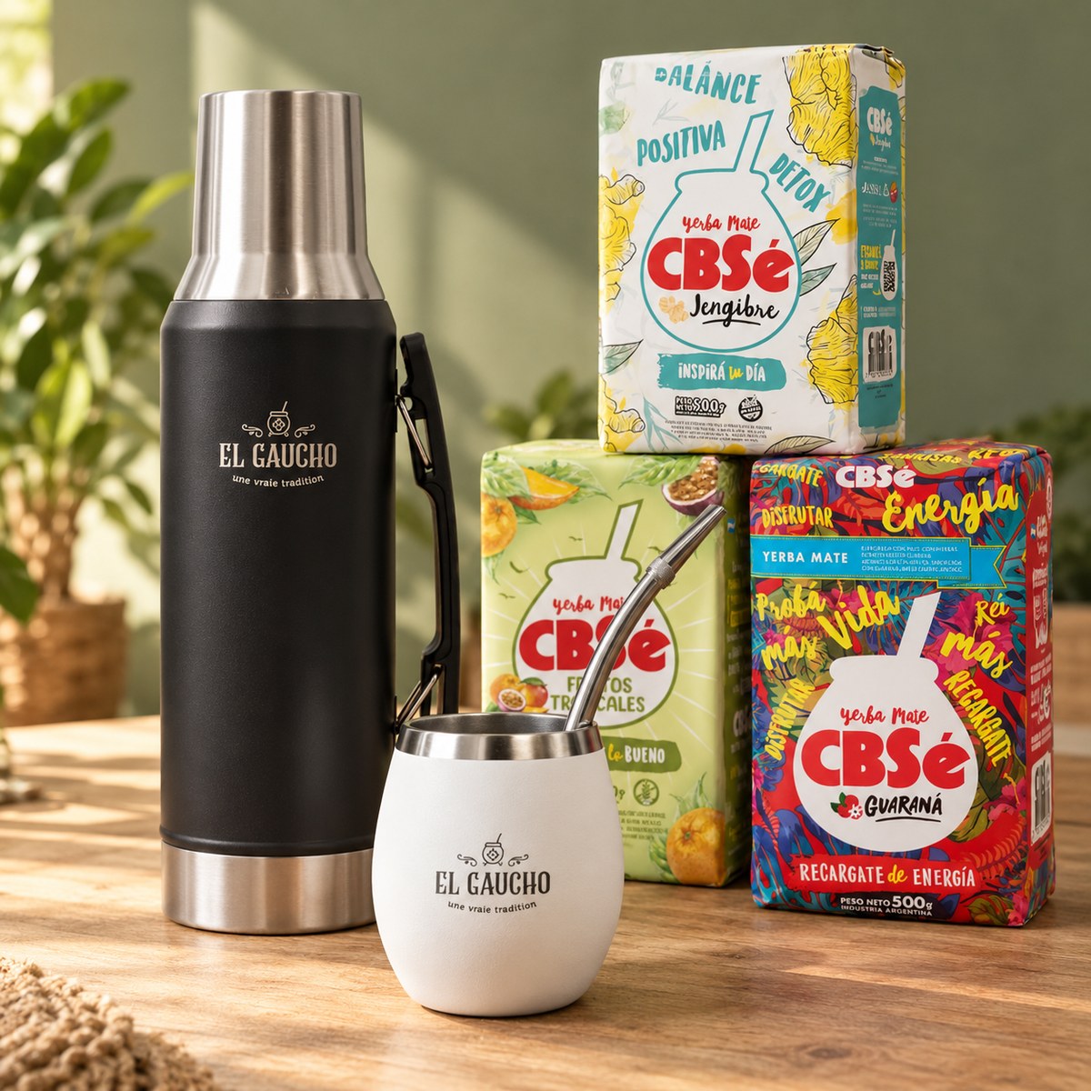 Pack Essentiel Maté : thermos noir et calebasse Gaucho Élite blanche, 3 yerbas CBSé (Jengibre, Fruits Tropicaux, Energía Guaraná)