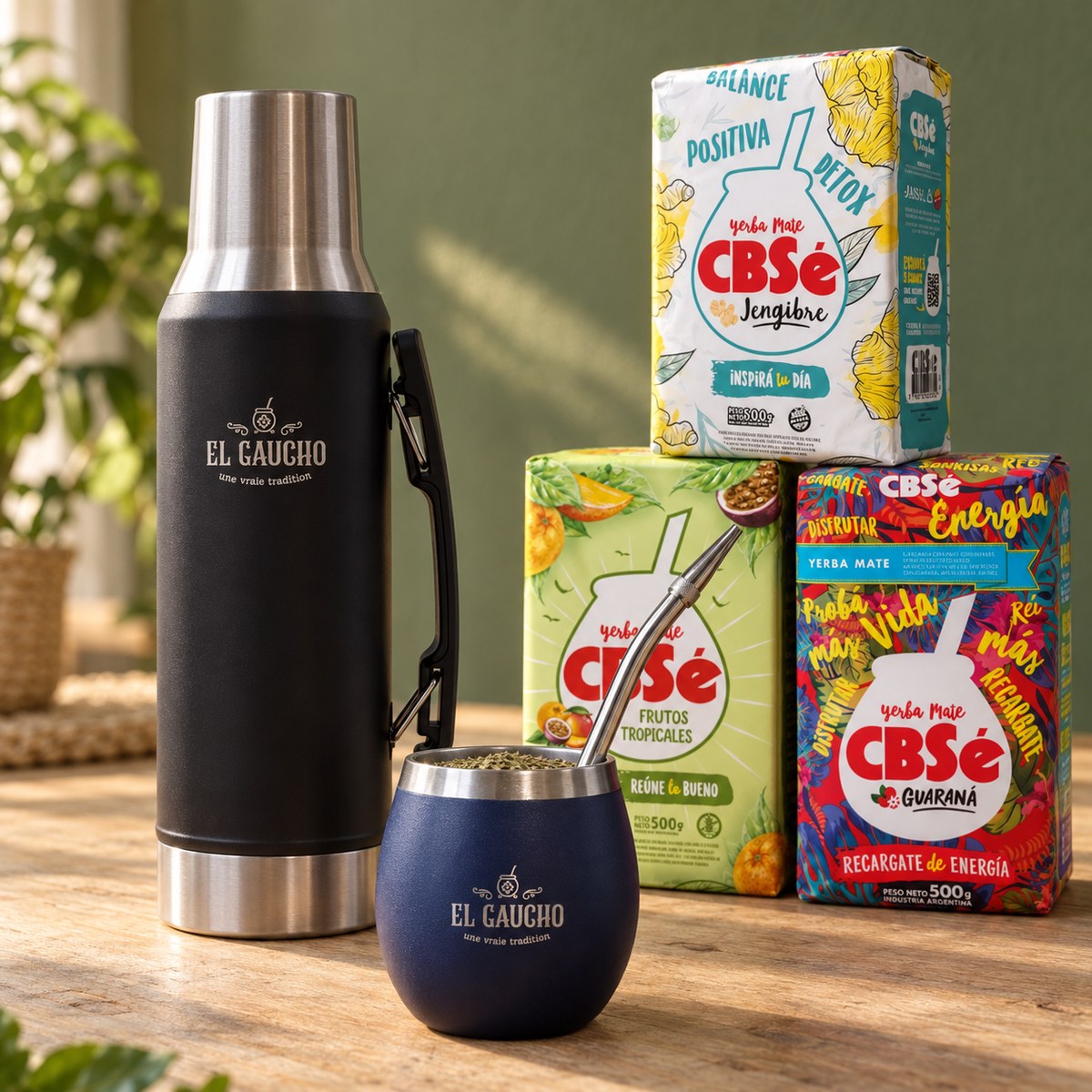 Pack Essentiel Maté : thermos noir et calebasse Gaucho Élite bleu marine, 3 yerbas CBSé (Jengibre, Fruits Tropicaux, Energía Guaraná)
