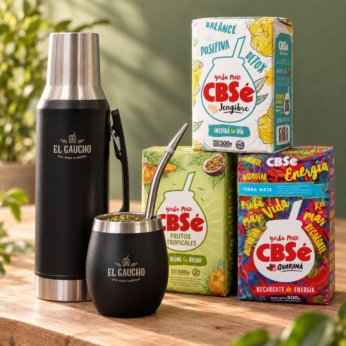 Pack Essentiel Maté : les produits du pack mis en scène, yerba maté El Gaucho