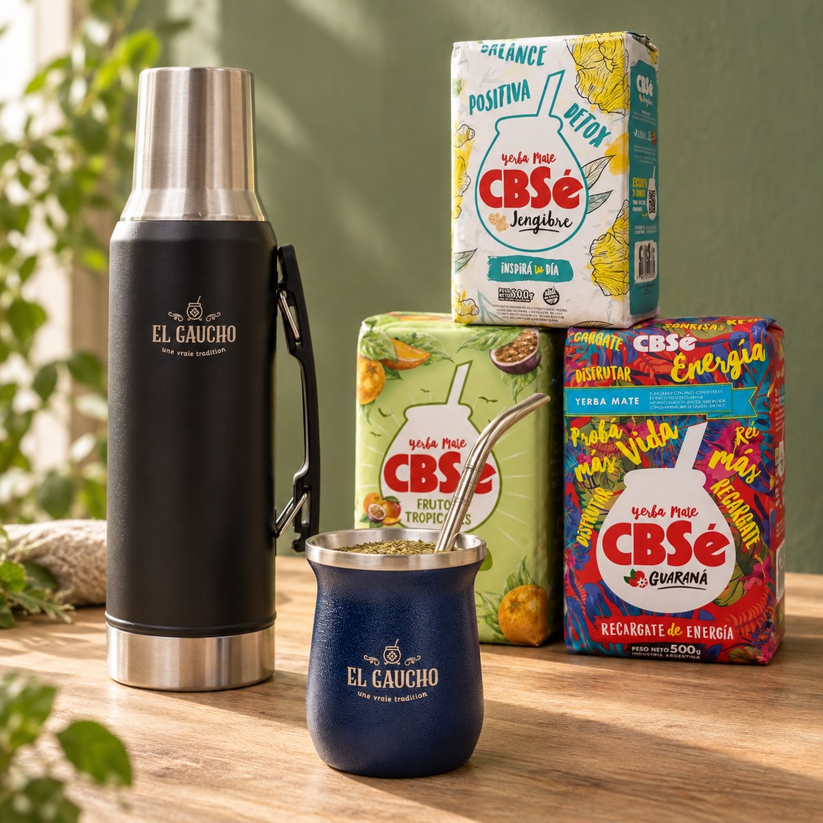 Pack Essentiel Maté : thermos noir et calebasse Gaucho Inox bleu marine, 3 yerbas CBSé (Jengibre, Fruits Tropicaux, Energía Guaraná)