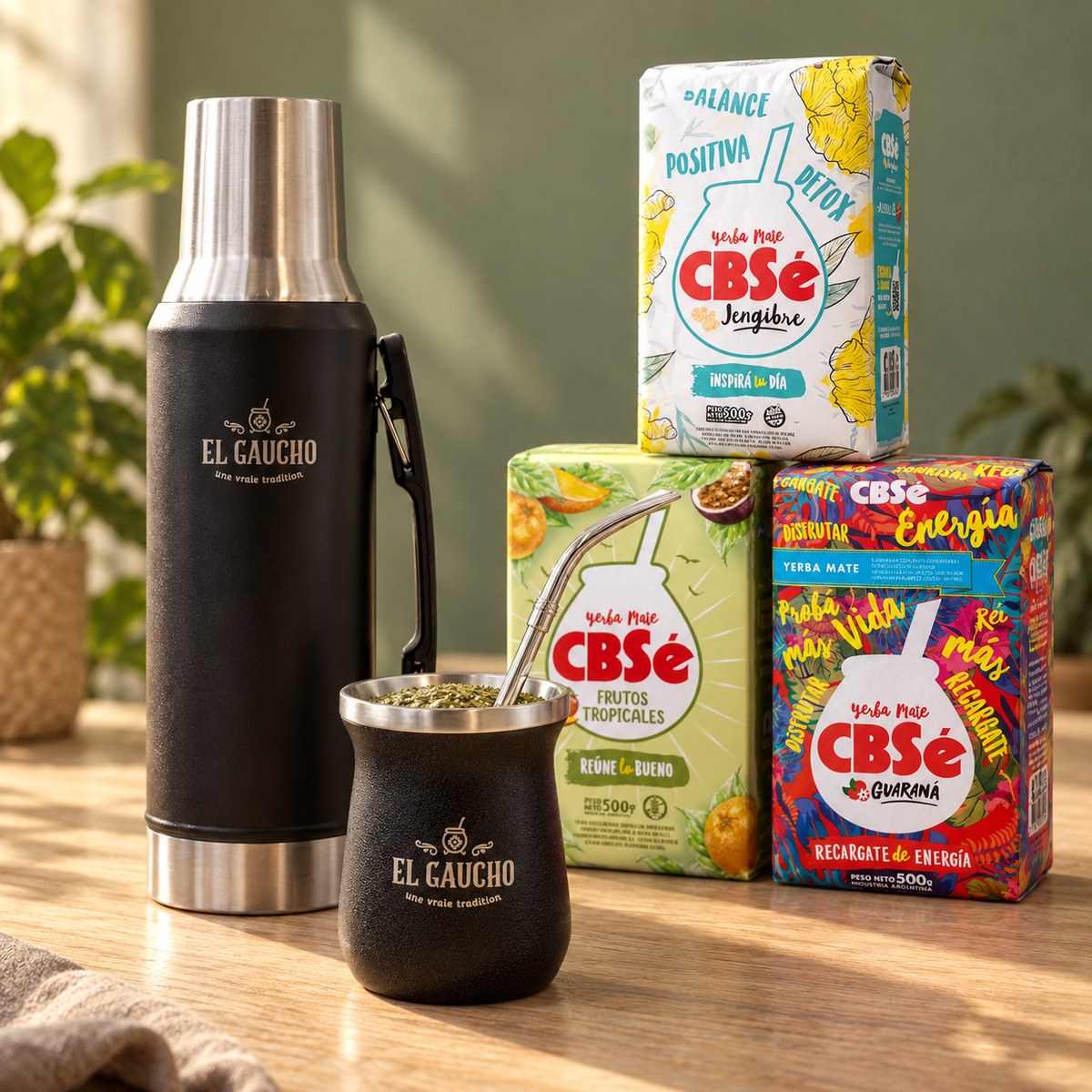Pack Essentiel Maté : thermos noir et calebasse Gaucho Inox noire, 3 yerbas CBSé (Jengibre, Fruits Tropicaux, Energía Guaraná)