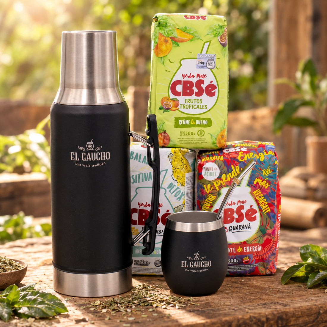 Pack Essentiel Maté : les produits du pack mis en scène, yerba maté El Gaucho