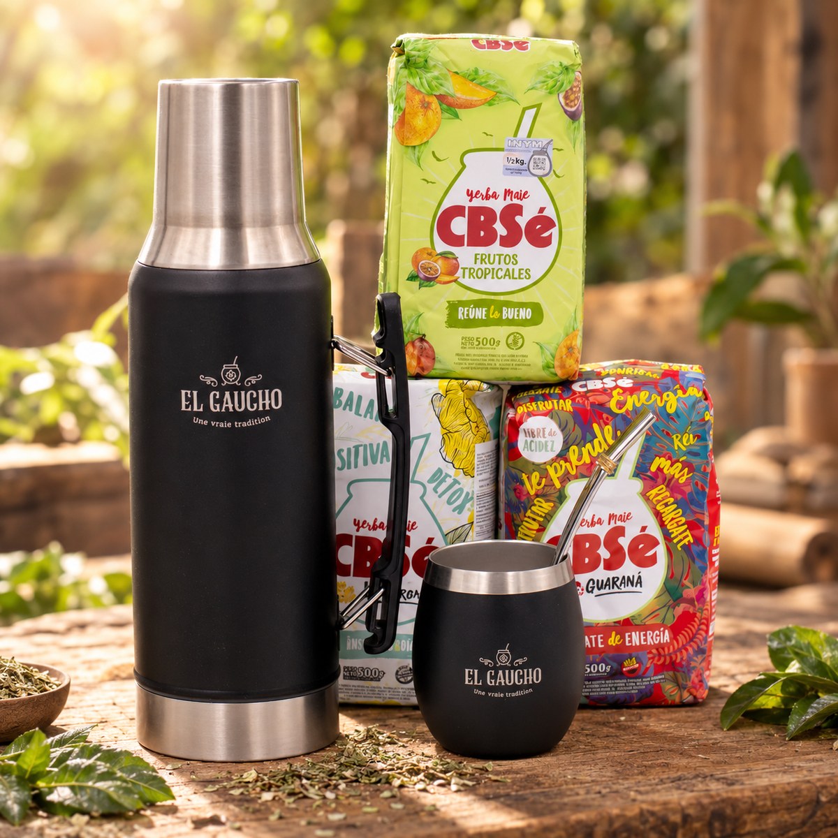 Pack Essentiel Maté : les produits du pack mis en scène, yerba maté El Gaucho