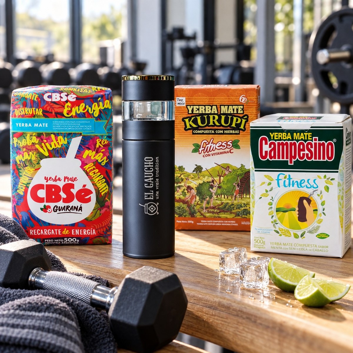 Pack Fitness : bouteille infuseuse Gaucho Express avec Kurupí Fitness, Campesino Fitness et CBSé Energía Guaraná en salle de sport