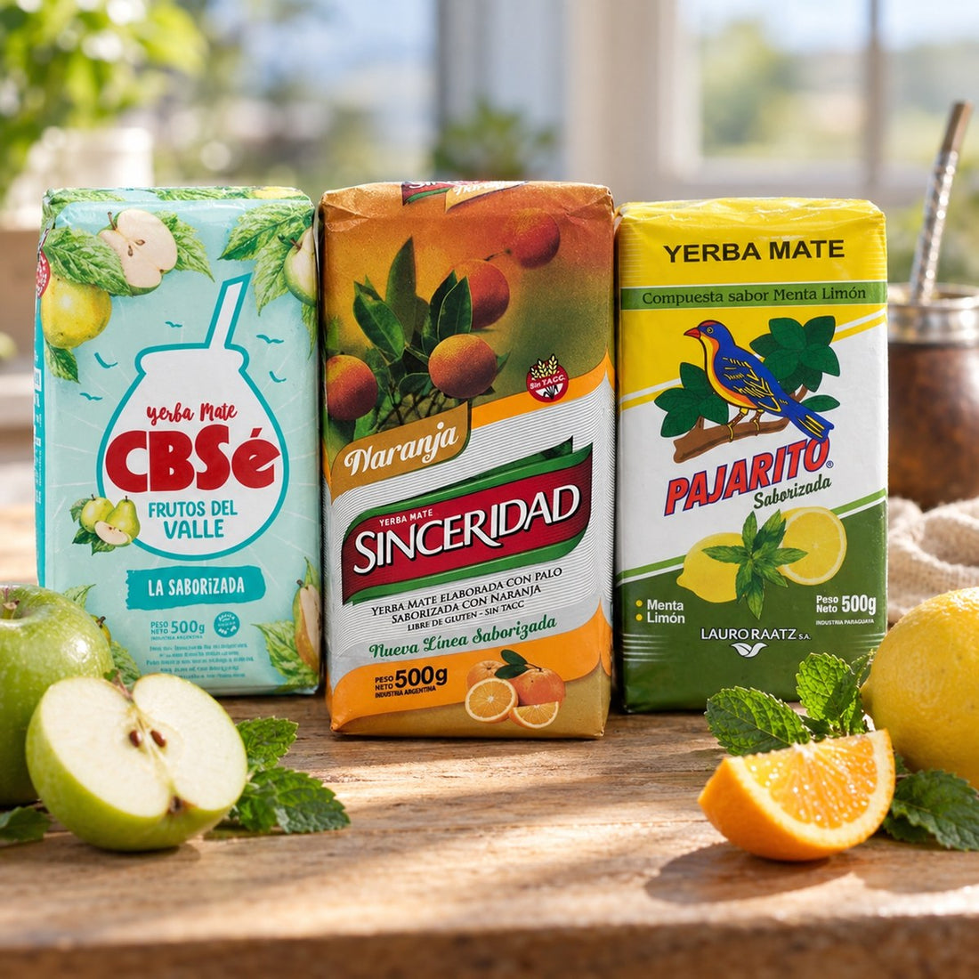 Pack de yerba maté fruitée : CBSé Frutos del Valle, Sinceridad Naranja et Pajarito Menta Limón avec pomme, orange et citron