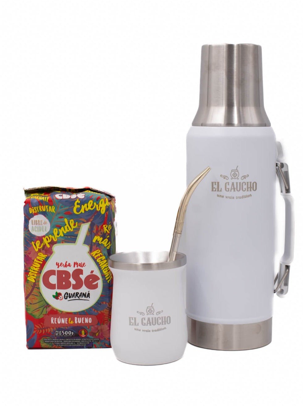 Pack Gaucho Alberdi thermos 1,2 L calebasse inox 250 ml blanc, bombilla et yerba CBSe