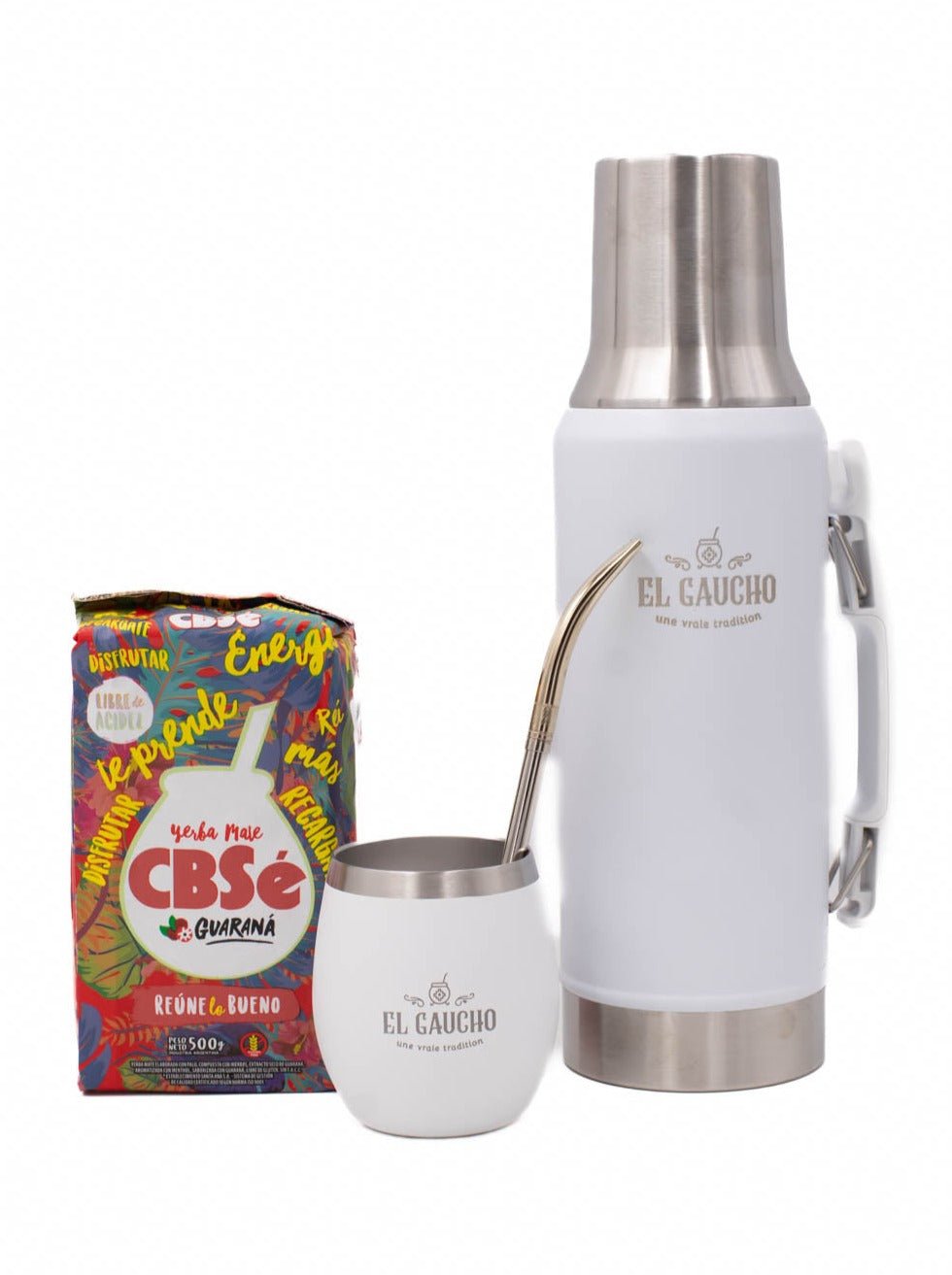 Pack Gaucho Alberdi thermos 1,2 L calebasse elite 250 ml blanc, bombilla yerba CBSe
