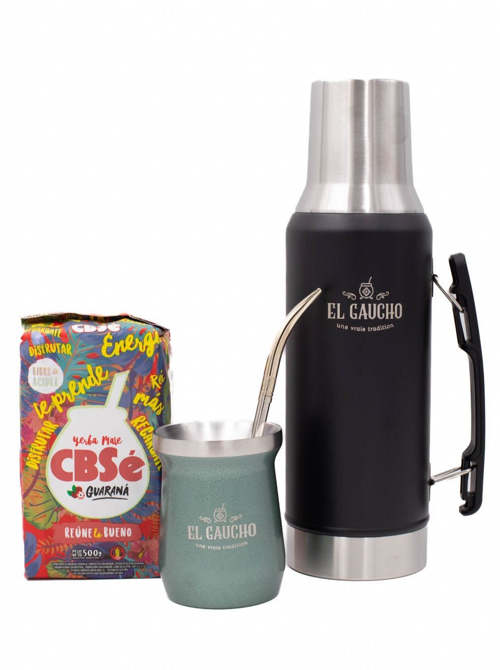 Pack Gaucho Alberdi thermos 1,2 L calebasse inox 250 ml vert, bombilla yerba CBSe