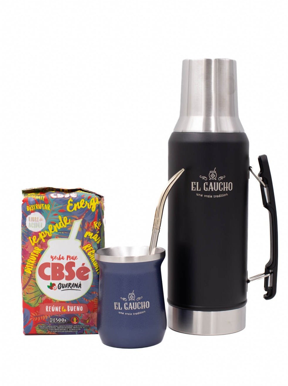 Pack Gaucho Alberdi thermos 1,2 L calebasse inox 250 ml bleu bombilla yerba CBSe