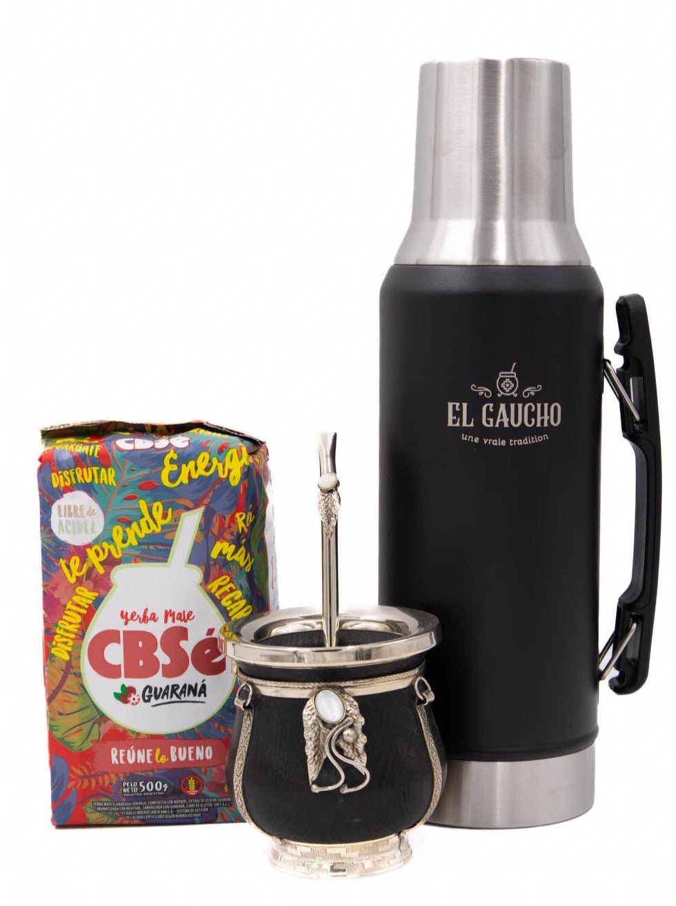 Kit maté complet – thermos Gaucho noir, mate en bois avec pierre et bombilla, paquet de yerba CBSe.
