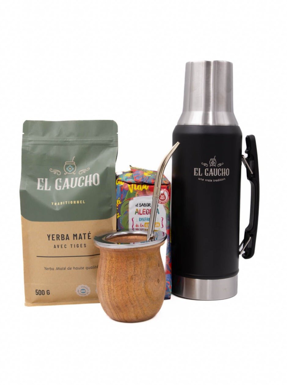 Pack maté camionero : mate en bois, bombilla inox, yerba El Gaucho et CBSe, thermos 1,2 L – artisanat argentin