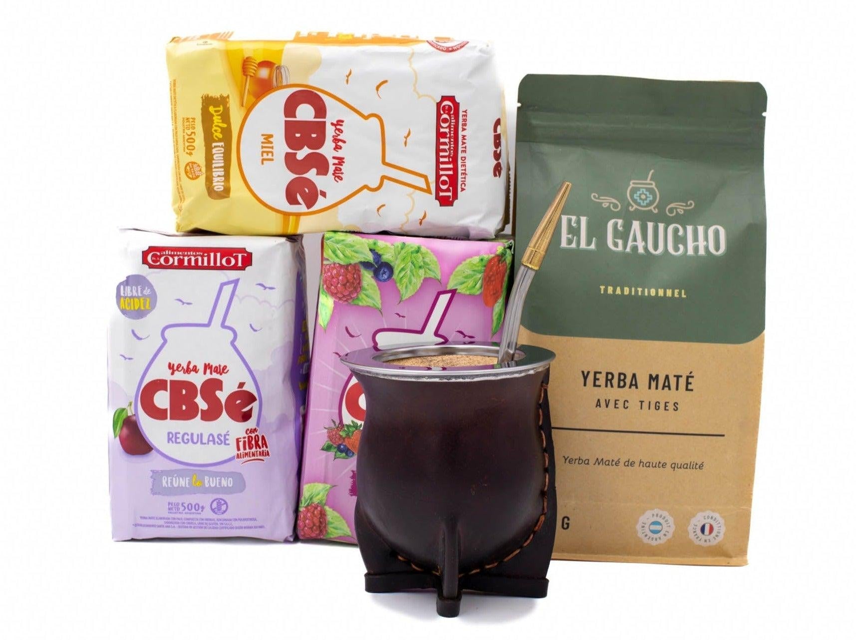 un calebasse camionero marron classique avec 4 paquets de yerba maté