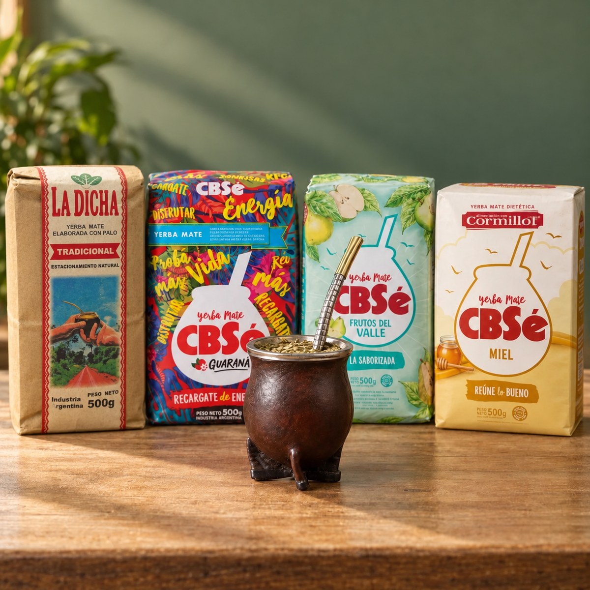 Pack Gaucho Classique Grande : maté camionero en cuir marron, bombilla Pico de Rey, yerba La Dicha Tradicional et 3 CBSé (Energía Guaraná, Frutos del Valle, Miel)