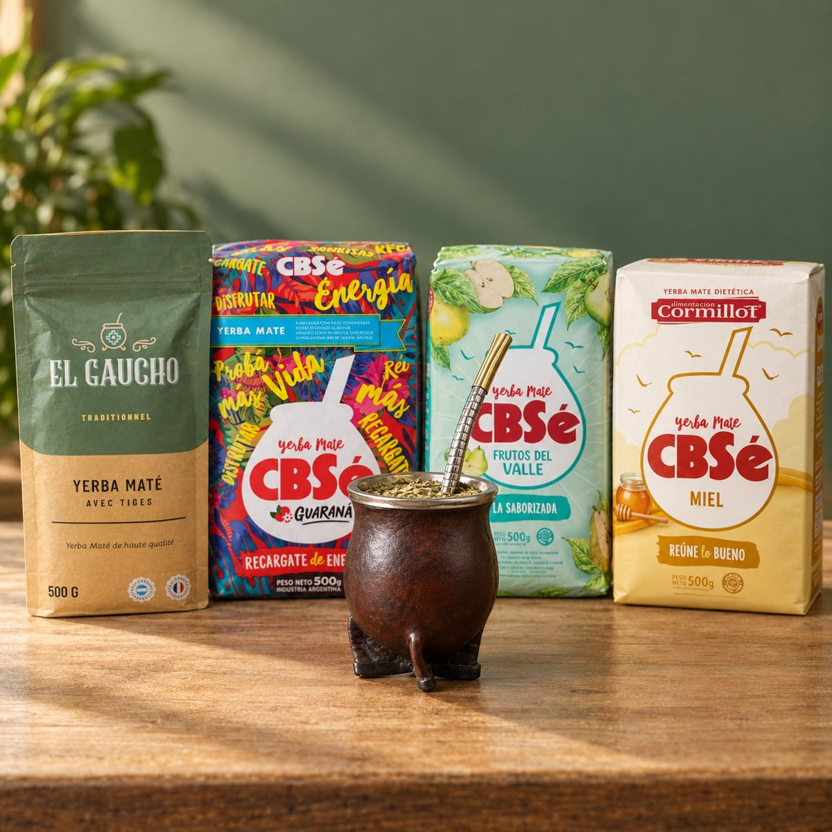 Pack Gaucho Classique Grande : maté camionero en cuir marron, bombilla Pico de Rey, yerba El Gaucho Traditionnel et 3 CBSé (Energía Guaraná, Frutos del Valle, Miel)