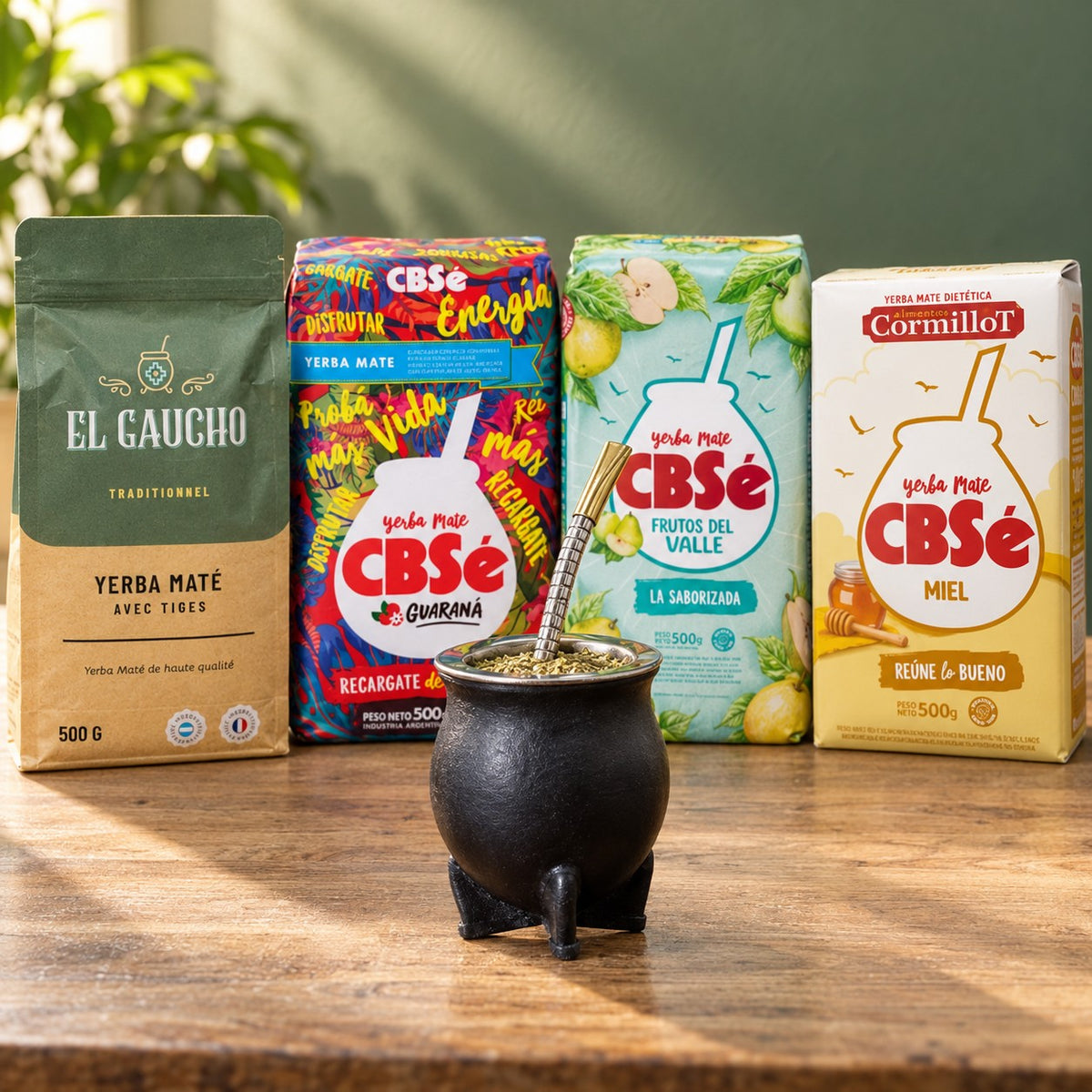 Pack Gaucho Classique Grande : maté camionero en cuir noir, bombilla Pico de Rey, yerba El Gaucho Traditionnel et 3 CBSé (Energía Guaraná, Frutos del Valle, Miel)