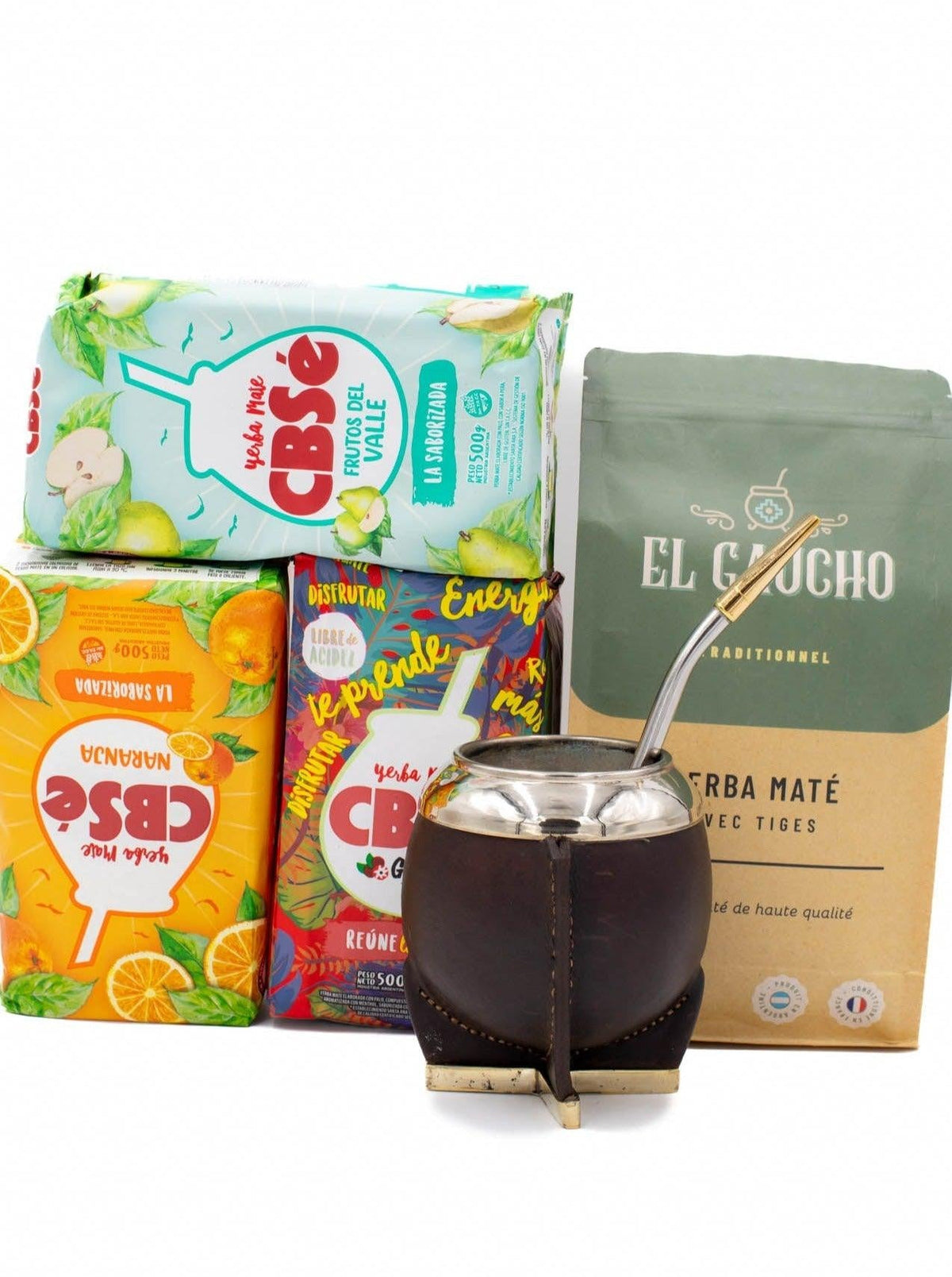 un calebasse torpedo classique avec 4 paquets de yerba maté
