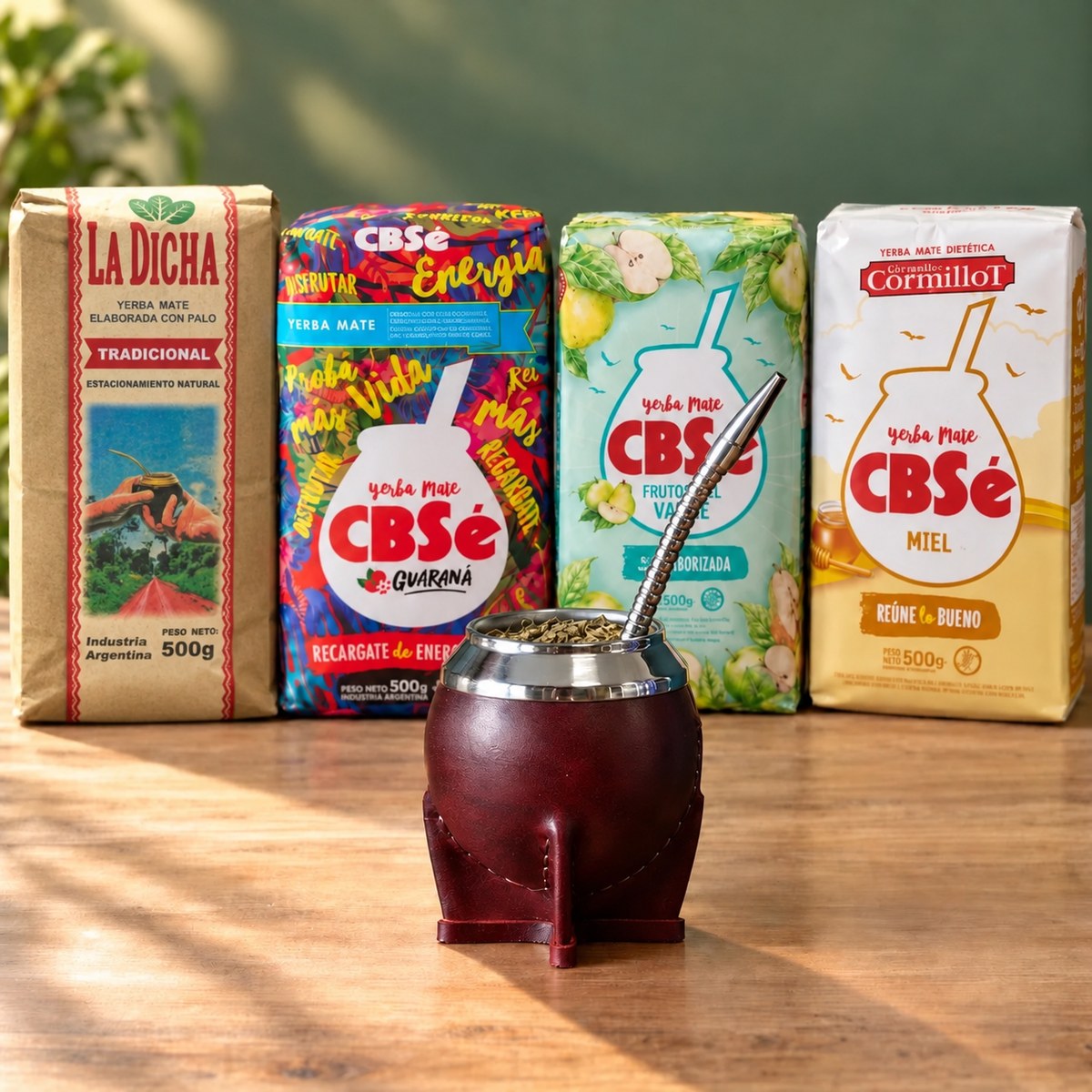 Pack Gaucho Classique Premium Grande : maté Torpedo Deluxe cuir bordeaux, yerba La Dicha et trois CBSé sur une table en bois