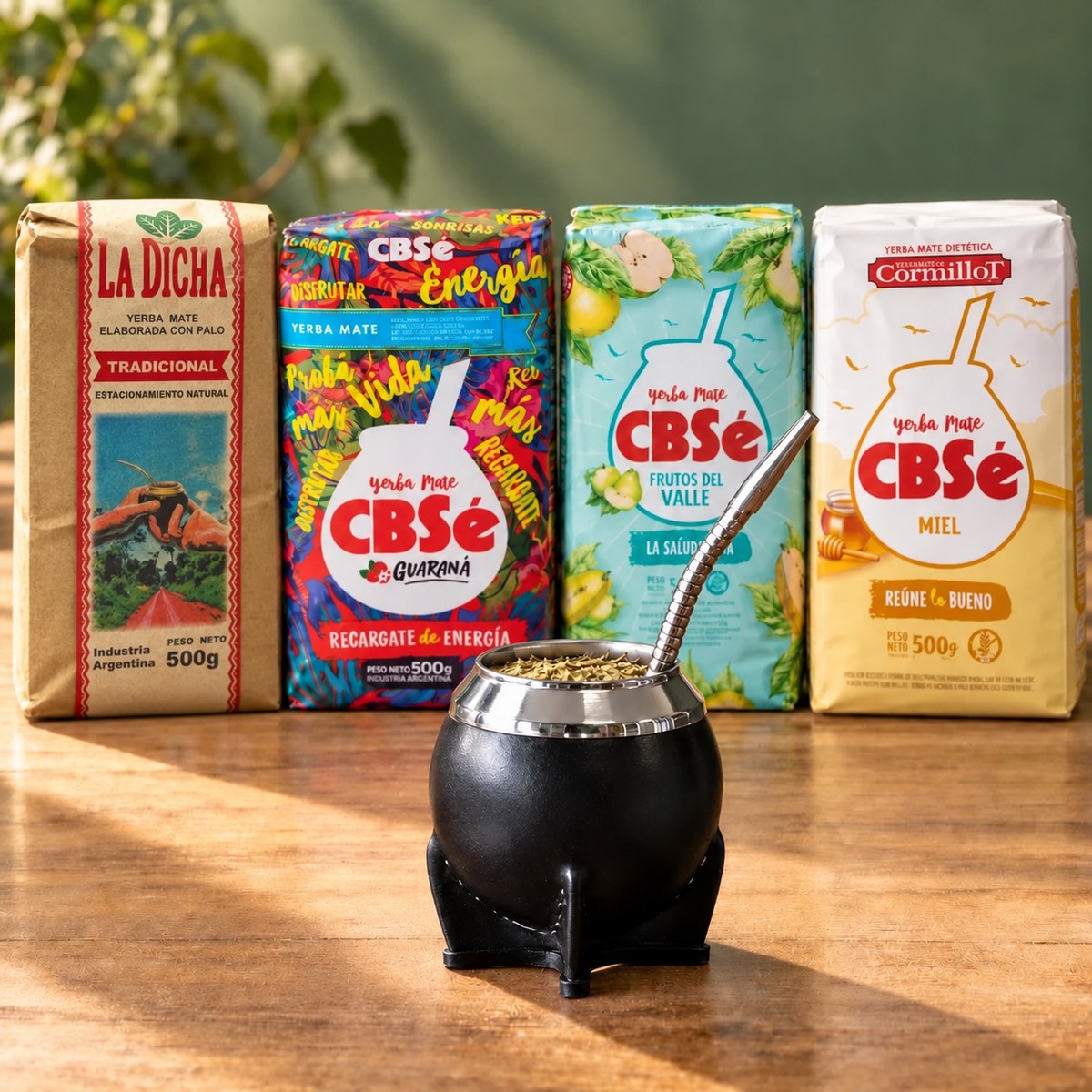 Pack Gaucho Classique Premium Grande : maté Torpedo Deluxe cuir noir, yerba La Dicha et trois CBSé sur une table en bois