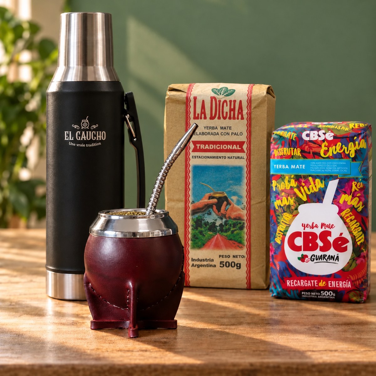 Pack Gaucho Classique Premium Thermo : maté Torpedo Deluxe cuir bordeaux, thermos noir 1,2 L, yerba La Dicha et CBSé sur une table en bois
