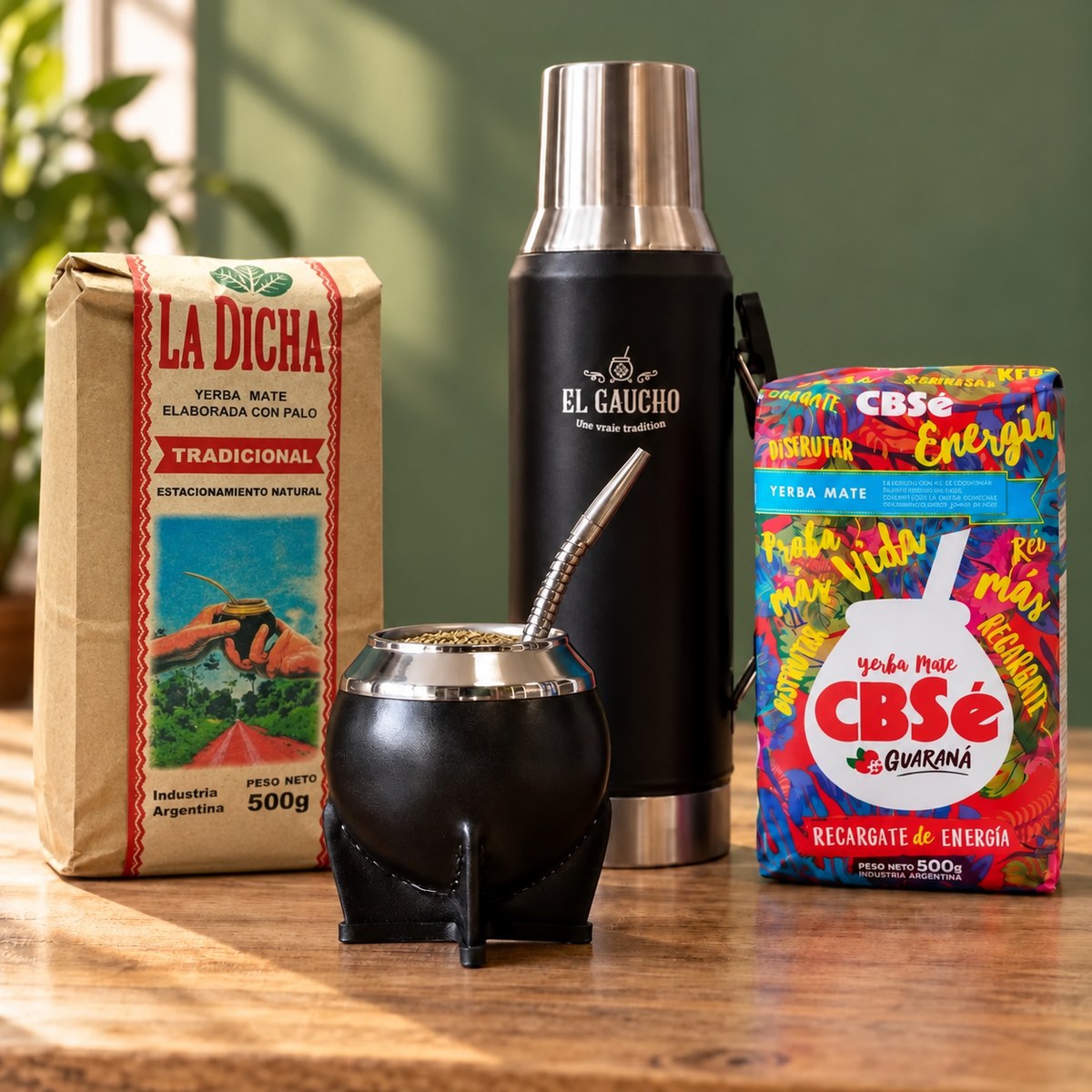 Pack Gaucho Classique Premium Thermo : maté Torpedo Deluxe cuir noir, thermos noir 1,2 L, yerba La Dicha et CBSé sur une table en bois