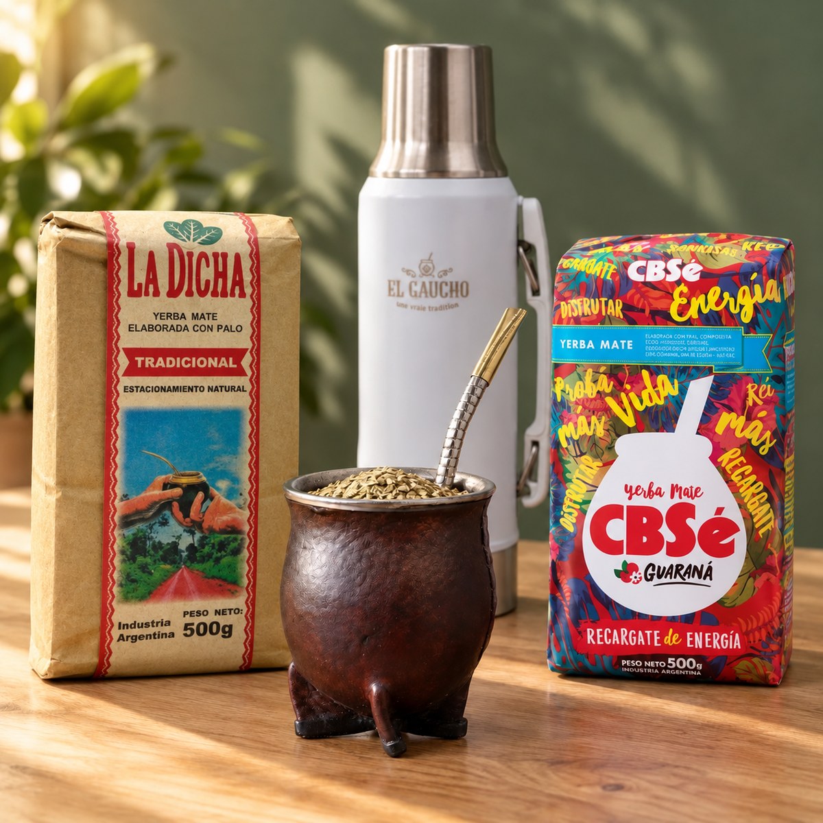 Pack Gaucho Classique Thermo : maté camionero cuir marron, thermos blanc 1,2 L, bombilla Pico de Rey et deux paquets de yerba sur une table en bois