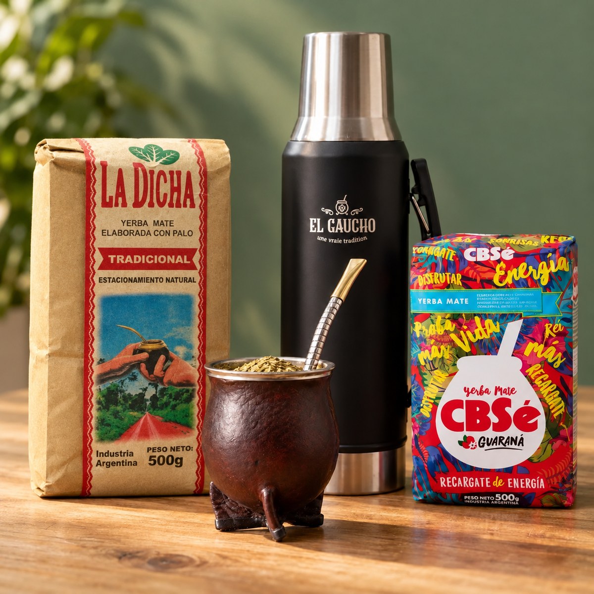 Pack Gaucho Classique Thermo : maté camionero cuir marron, thermos noir 1,2 L, bombilla Pico de Rey et deux paquets de yerba sur une table en bois
