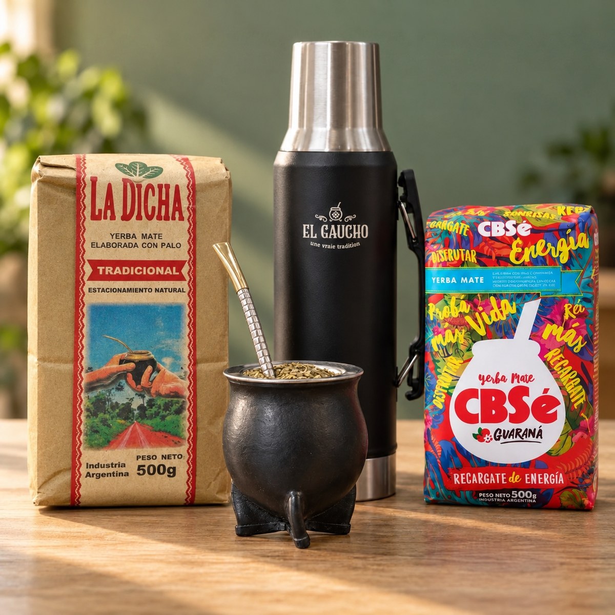 Pack Gaucho Classique Thermo : maté camionero cuir noir, thermos noir 1,2 L, bombilla Pico de Rey et deux paquets de yerba sur une table en bois