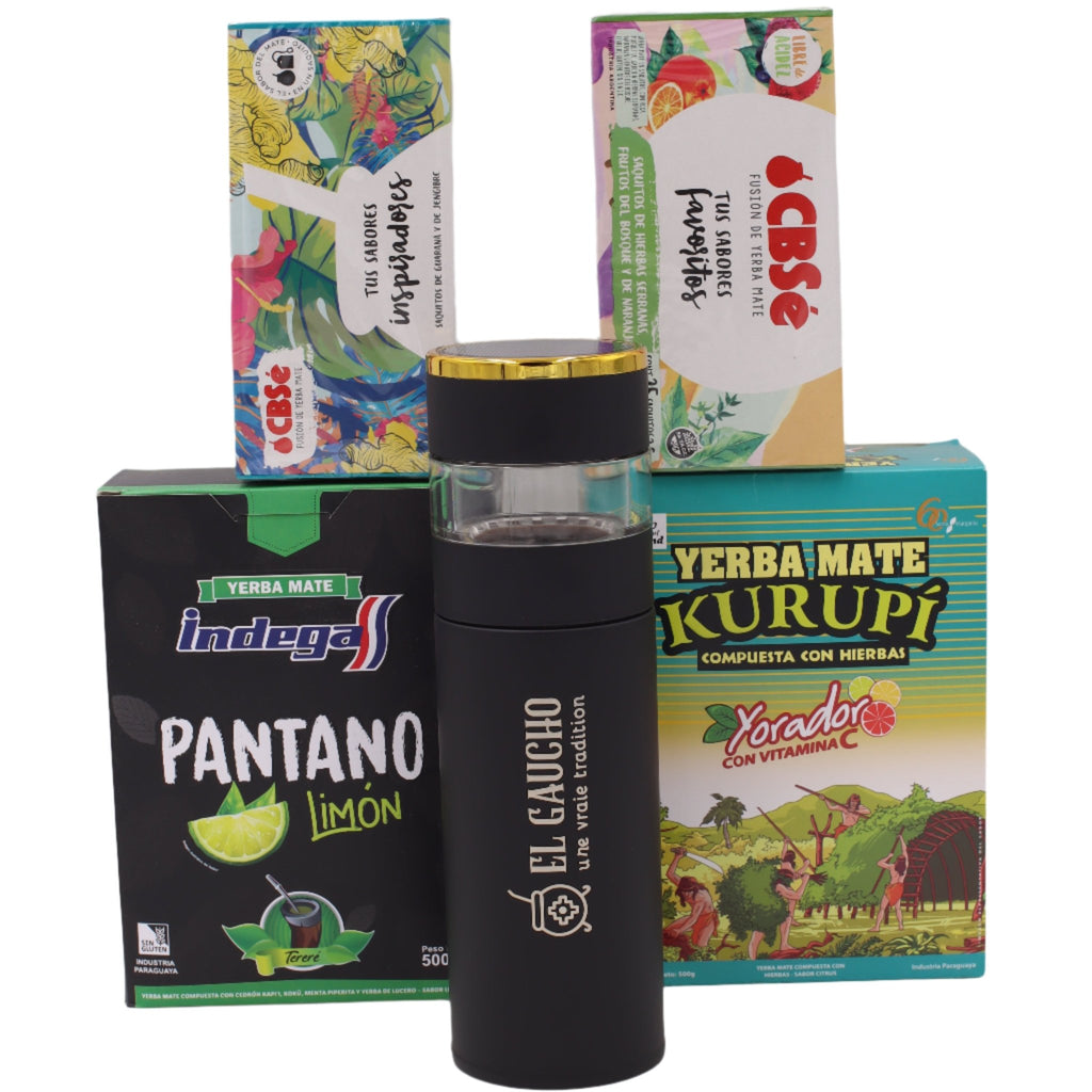  bouteille infuseur + 4 variétés de maté premium (CBSe, Kurupi, Indega). L'expérience maté complète.