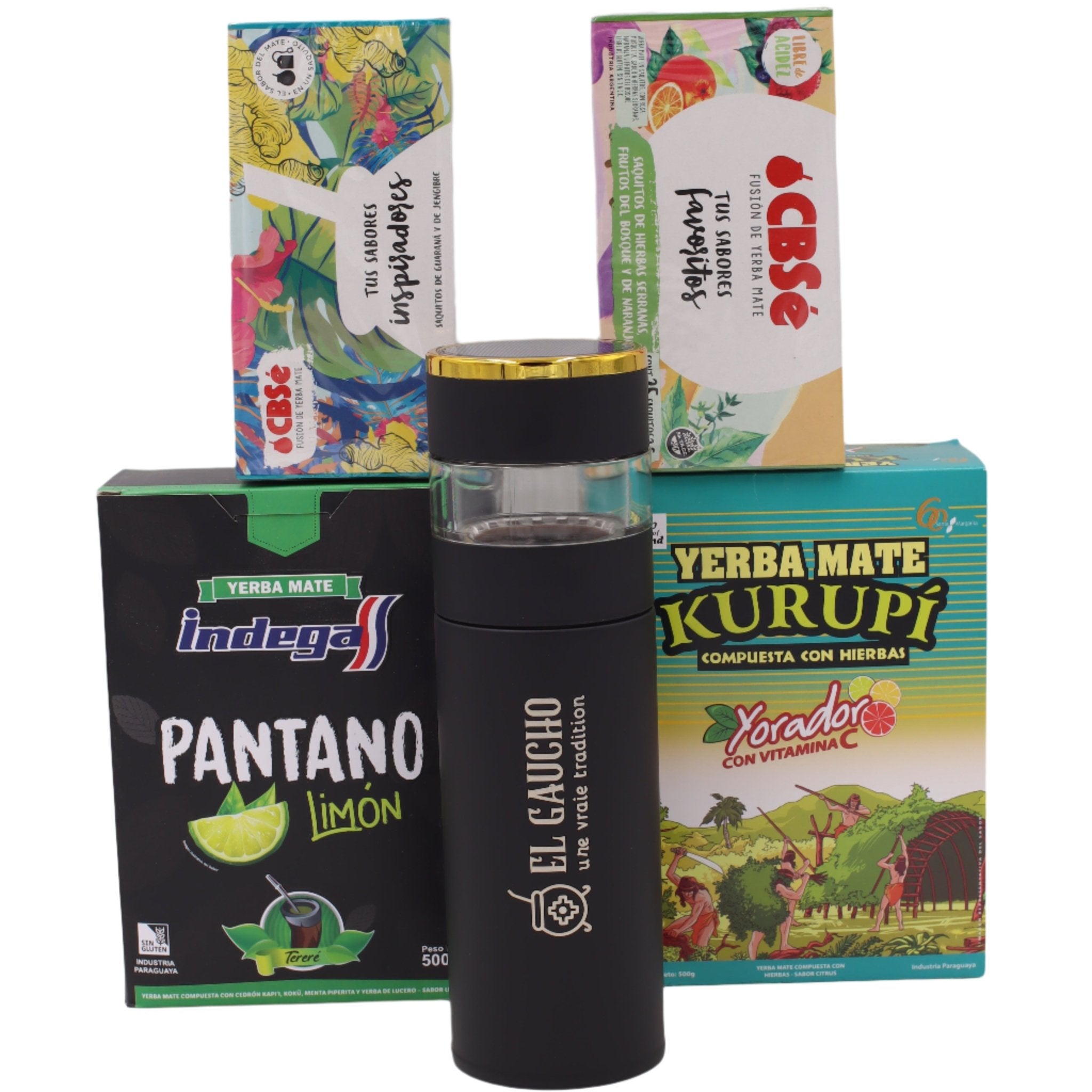  bouteille infuseur + 4 variétés de maté premium (CBSe, Kurupi, Indega). L'expérience maté complète.