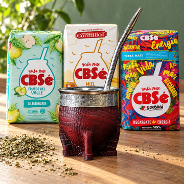 Pack Maté Impérial Deluxe croco bordeaux avec bombilla inox et 3 yerbas aromatisées CBSé (Frutos del Valle, Miel, Energía Guaraná), mis en scène