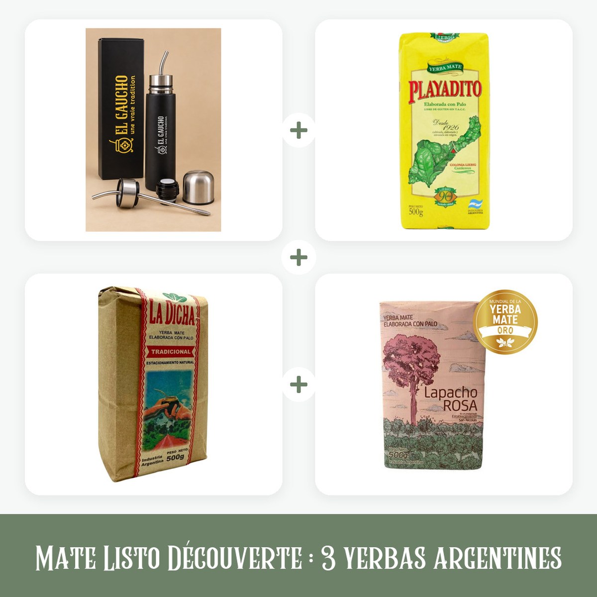 Le Mate Listo et trois yerbas argentines de 500 g : Playadito, La Dicha Tradicional et Lapacho Rosa Tradicional