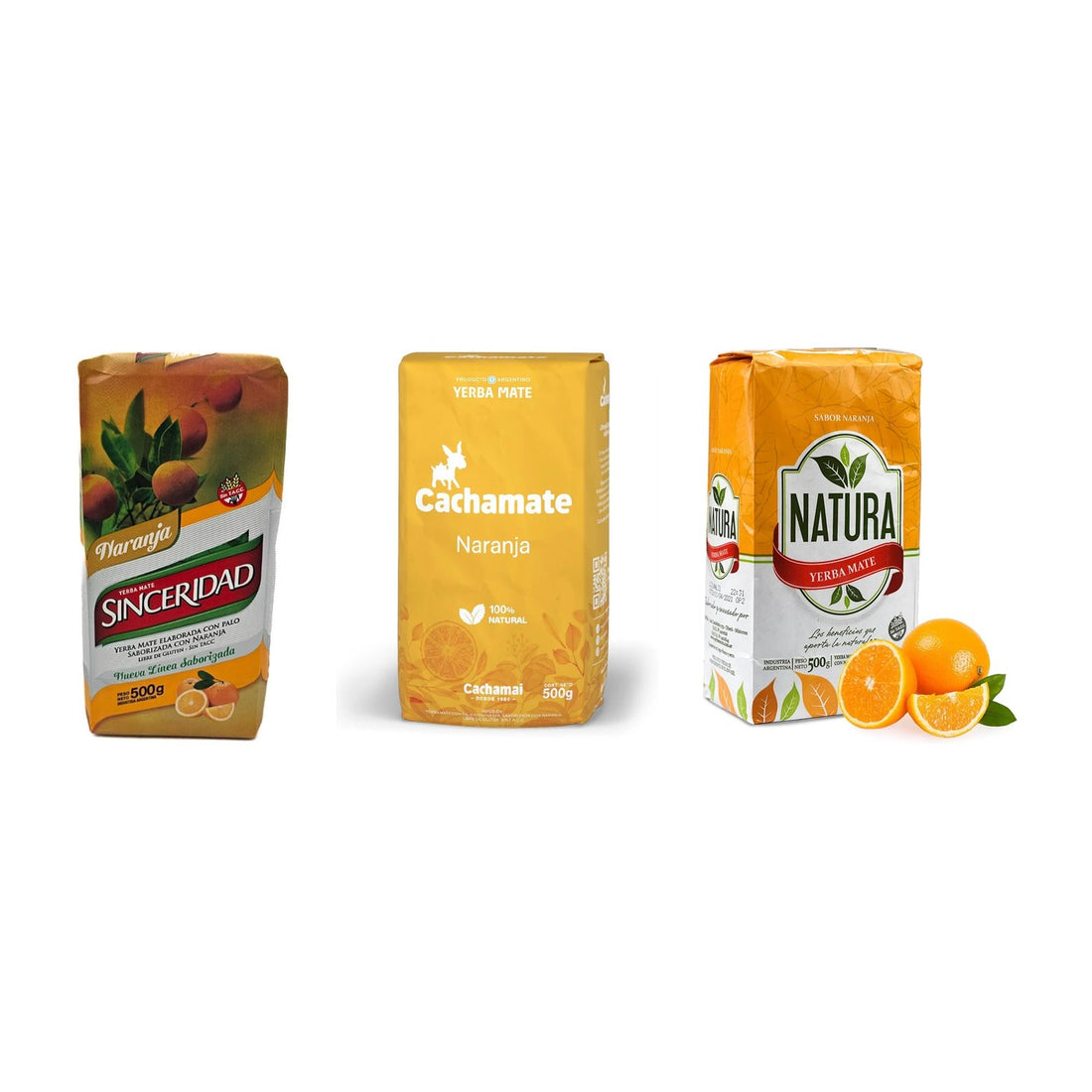 Pack Orange — Sinceridad Naranja, Cachamate Orange & Natura Orange (1,5 kg) — les paquets inclus dans le pack