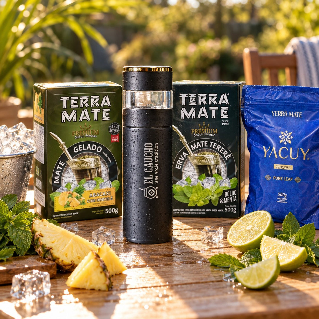 Pack Tereré : bouteille infuseuse Gaucho Express avec TerraMate Ananas-Menthe, TerraMate Boldo-Menthe et Yacuy Pure Leaf, ananas et glaçons