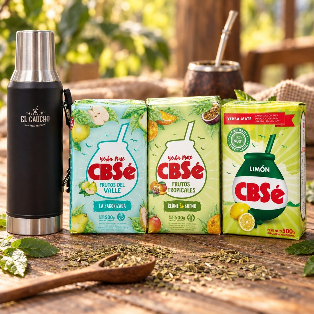 Le thermo qui tient la journée : les produits du pack mis en scène, yerba maté El Gaucho