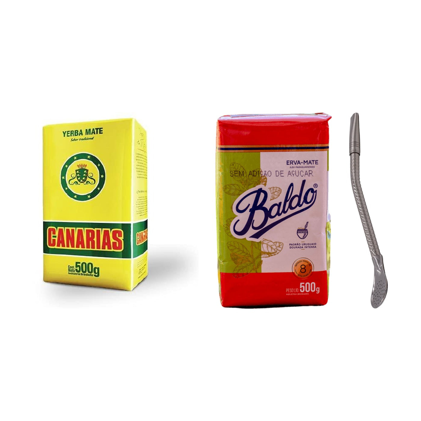 Pack uruguayen : yerba Canarias 500 g, Baldo 500 g et bombilla Pico de Rey en inox
